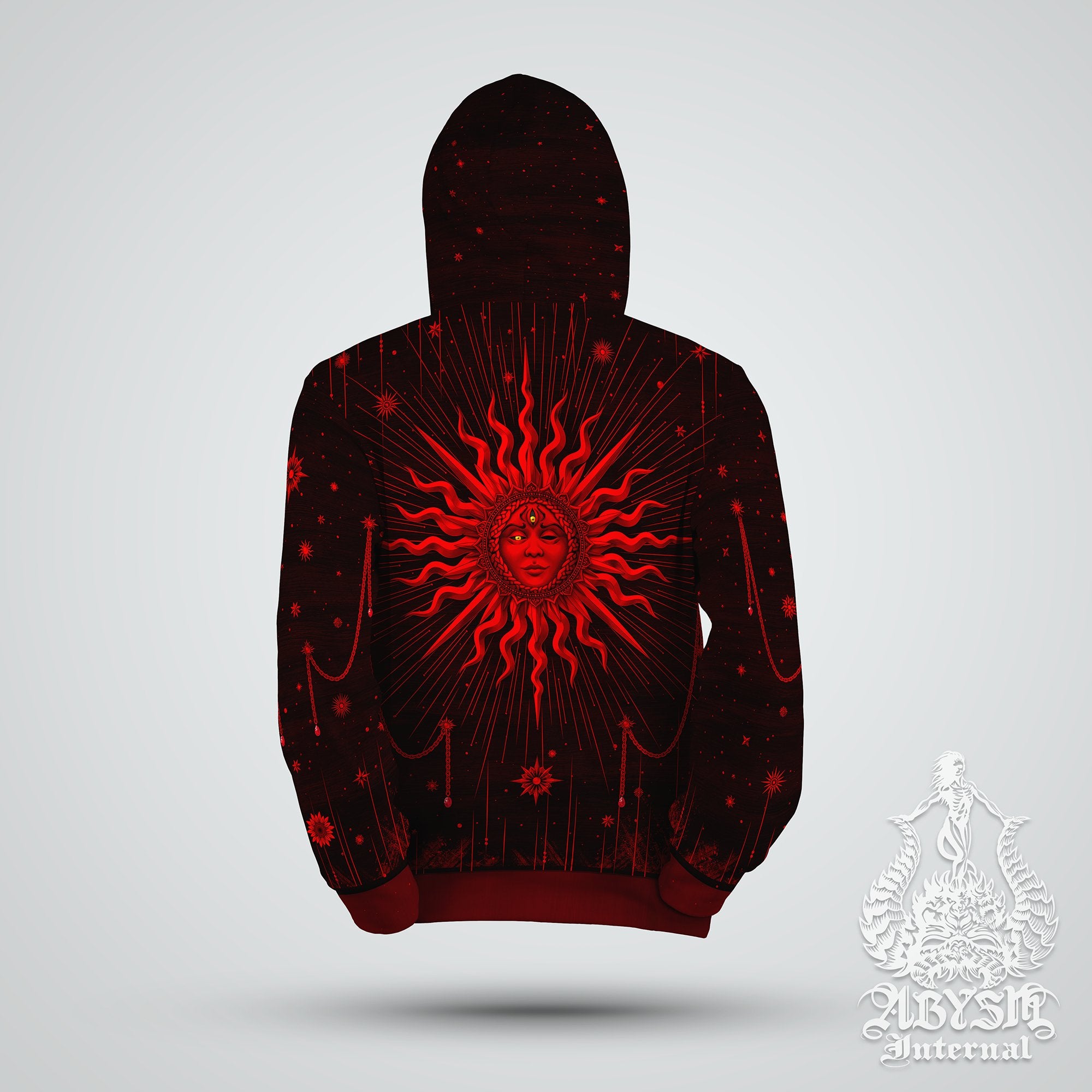 Gothic Red Sun Hoodie, Sorcerer Pullover, Witchy Sweater, Goth Tarot Arcana Outfit, Magic and Esoteric Streetwear, Black Alternative Clothing, Unisex - Abysm Internal