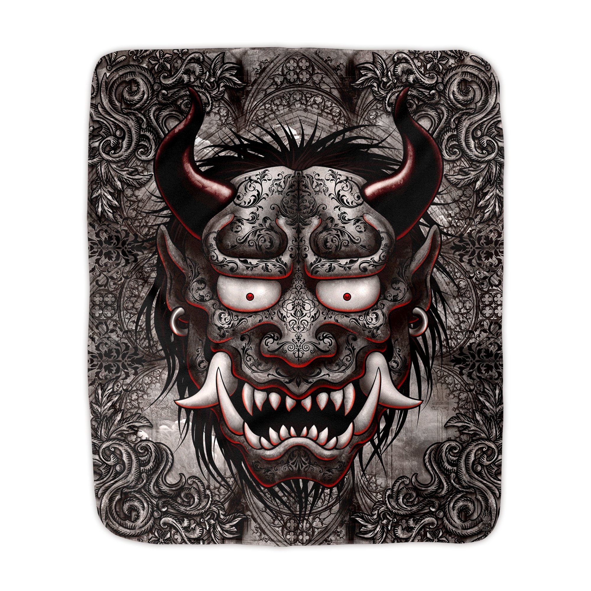 Gothic Sherpa Fleece Throw Blanket, Japanese Oni Demon, Alternative and Goth Home Decor, Alternative Art Gift - Beige or Grey, 2 Colors - Abysm Internal