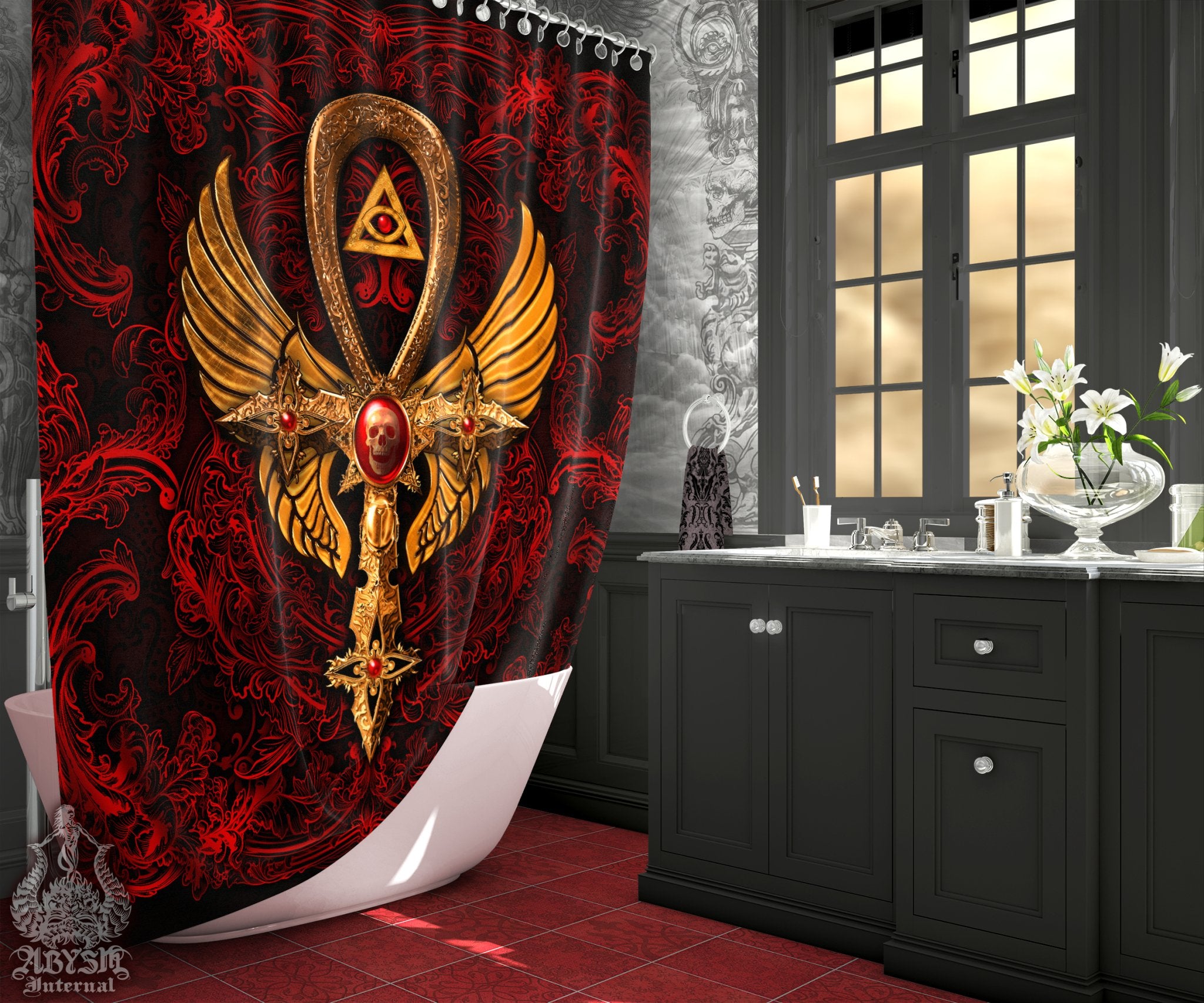 Gothic Shower Curtain, 71x74 inches, Goth Ankh Cross, Dark Bathroom Decor, Occult - Black, Red, Gold, 3 Colors - Abysm Internal