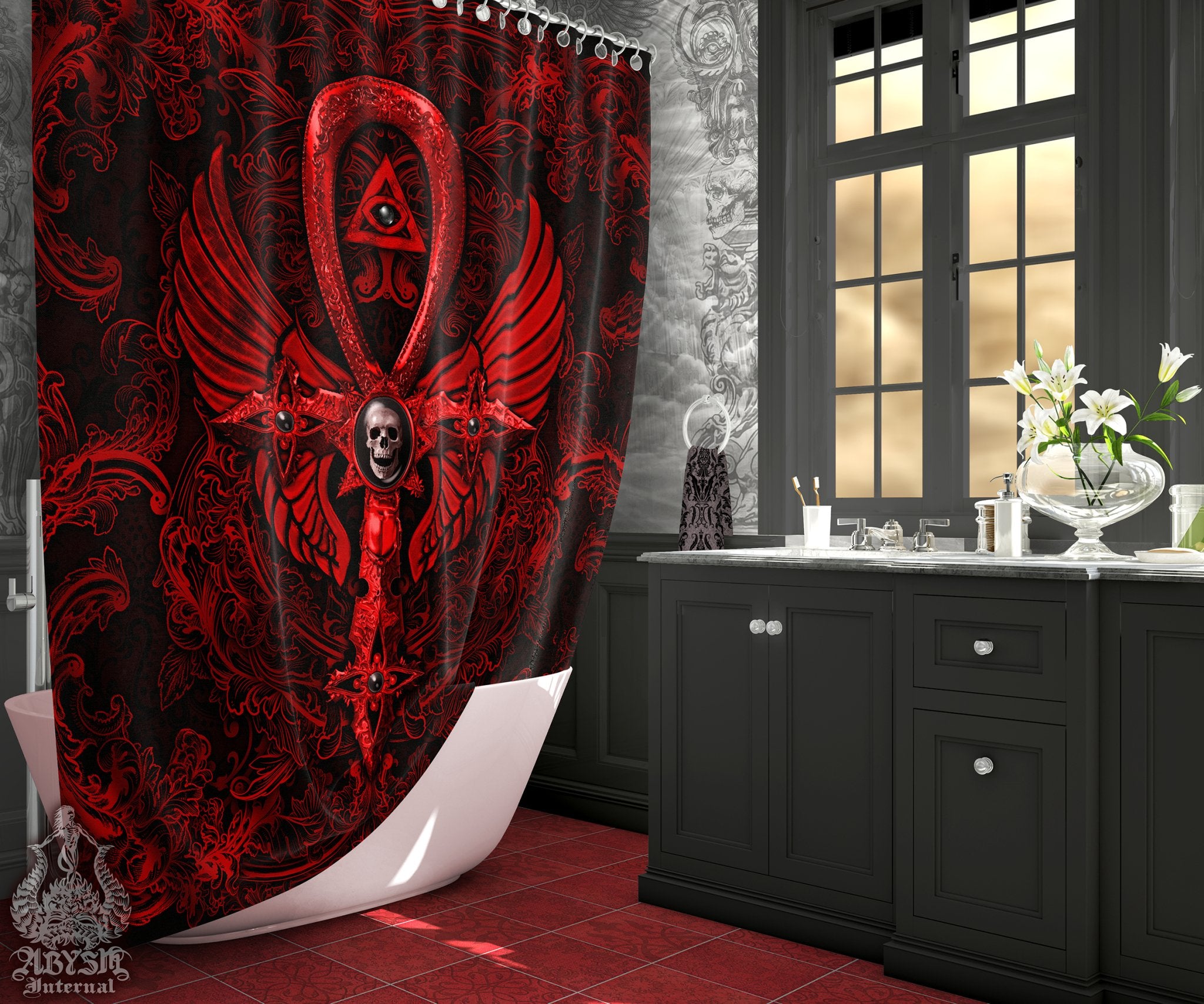 Gothic Shower Curtain, 71x74 inches, Goth Ankh Cross, Dark Bathroom Decor, Occult - Black, Red, Gold, 3 Colors - Abysm Internal