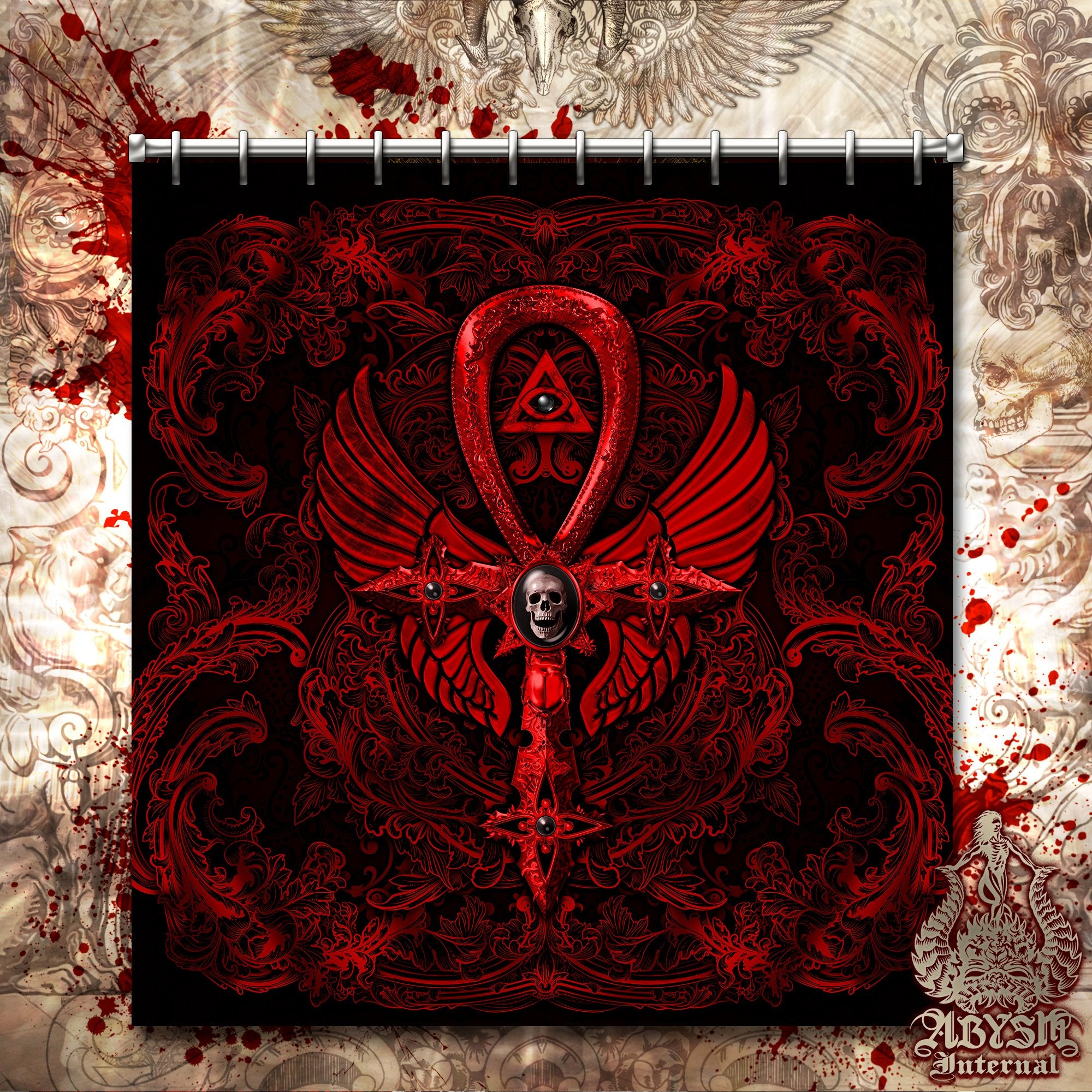 Gothic Shower Curtain, 71x74 inches, Goth Ankh Cross, Dark Bathroom Decor, Occult - Black, Red, Gold, 3 Colors - Abysm Internal