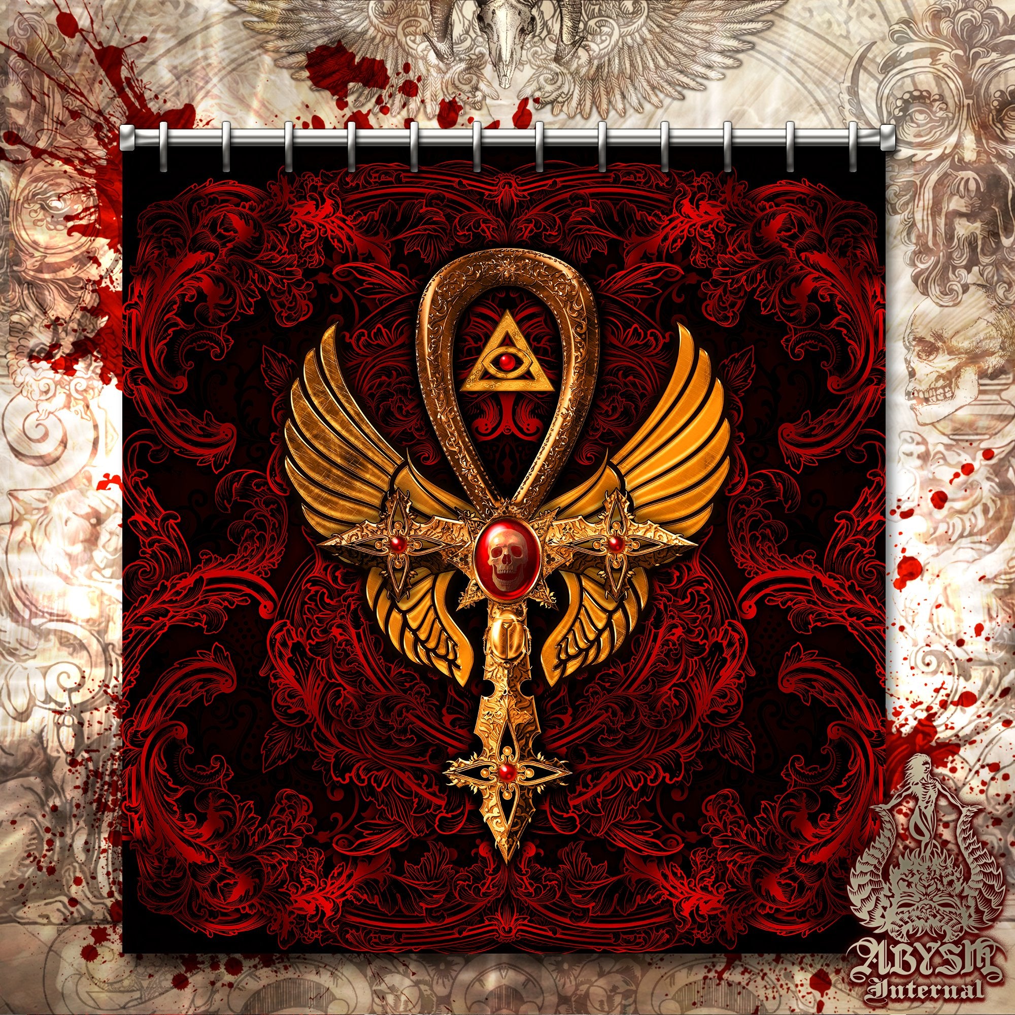 Gothic Shower Curtain, 71x74 inches, Goth Ankh Cross, Dark Bathroom Decor, Occult - Black, Red, Gold, 3 Colors - Abysm Internal