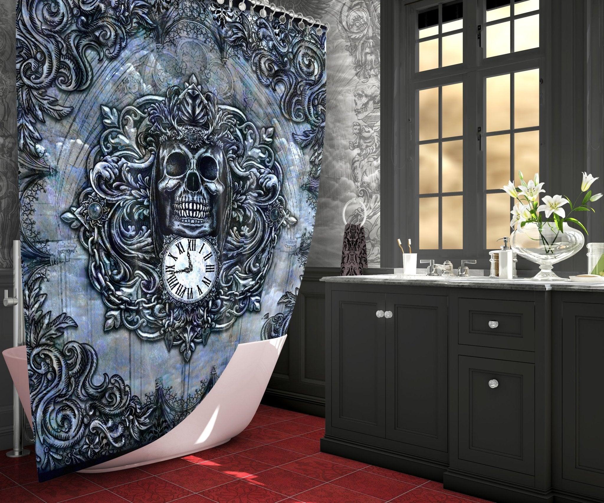 Gothic Shower Curtain, 71x74 inches, Horror Bathroom Decor, Skull, Grim Reaper, Goth Art - 3 Colors - Abysm Internal