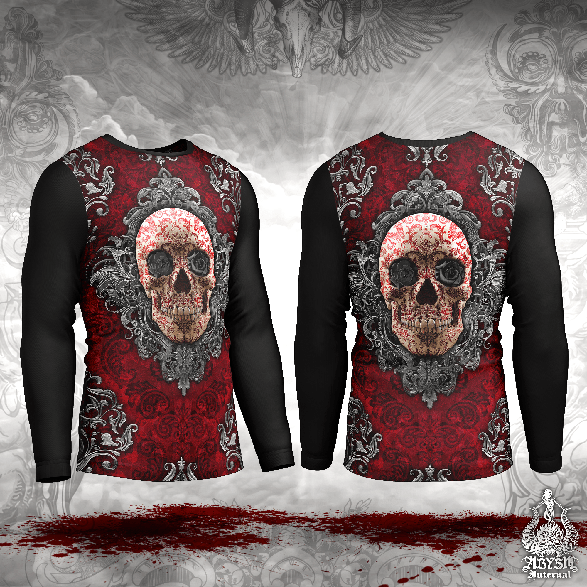 Gothic Skull Rash Guard, Goth Long Sleeve Surf Shirt, Ornamented Sports Top | Macabre Art UV Protection Activewear for Men and Women - Abysm Internal