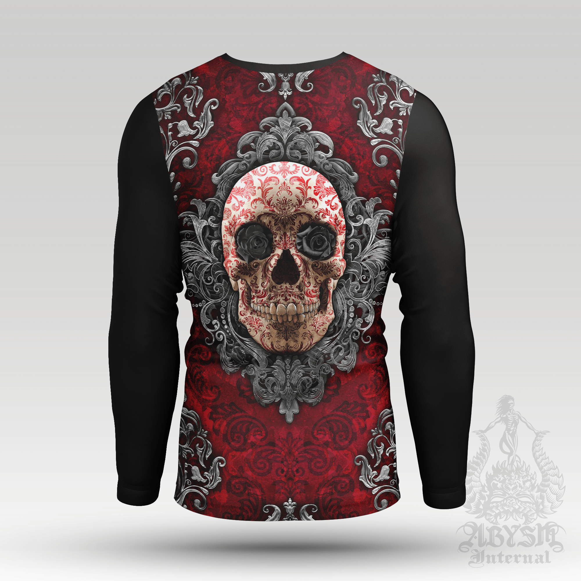 Gothic Skull Rash Guard, Goth Long Sleeve Surf Shirt, Ornamented Sports Top | Macabre Art UV Protection Activewear for Men and Women - Abysm Internal