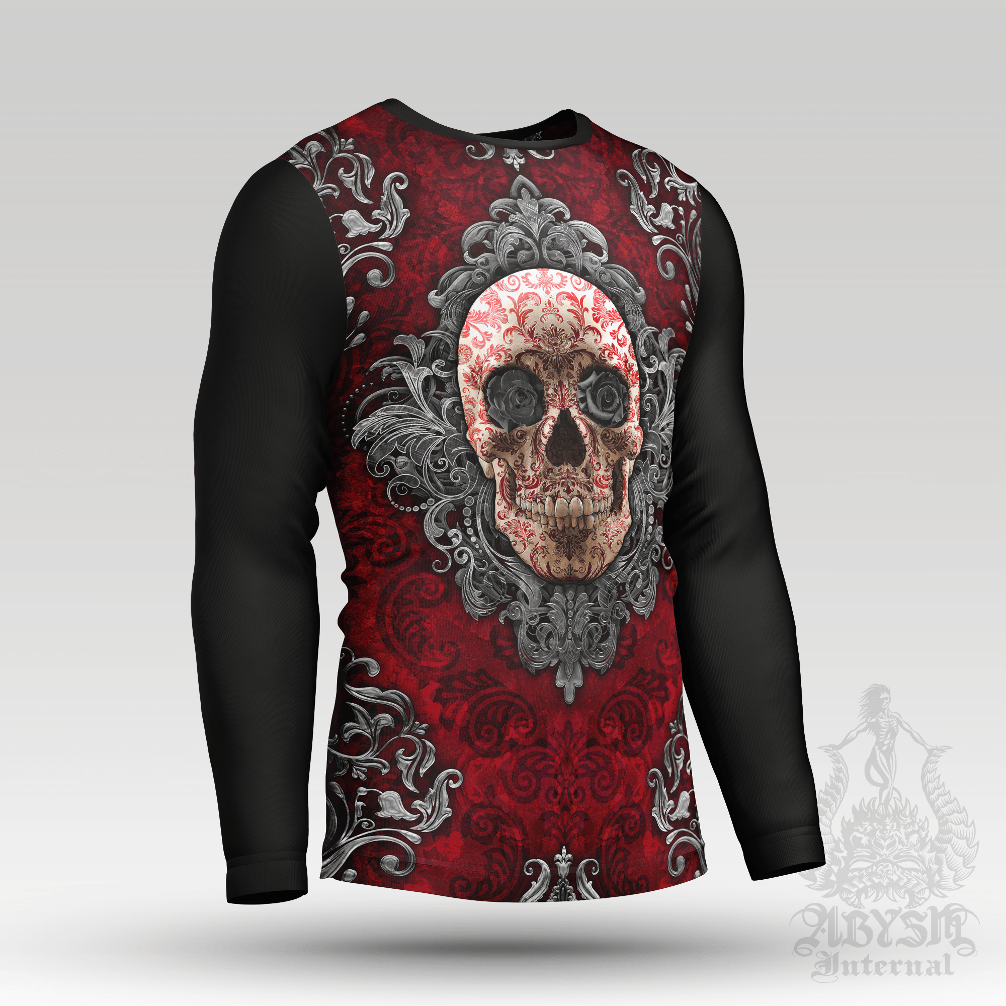 Gothic Skull Rash Guard, Goth Long Sleeve Surf Shirt, Ornamented Sports Top | Macabre Art UV Protection Activewear for Men and Women - Abysm Internal