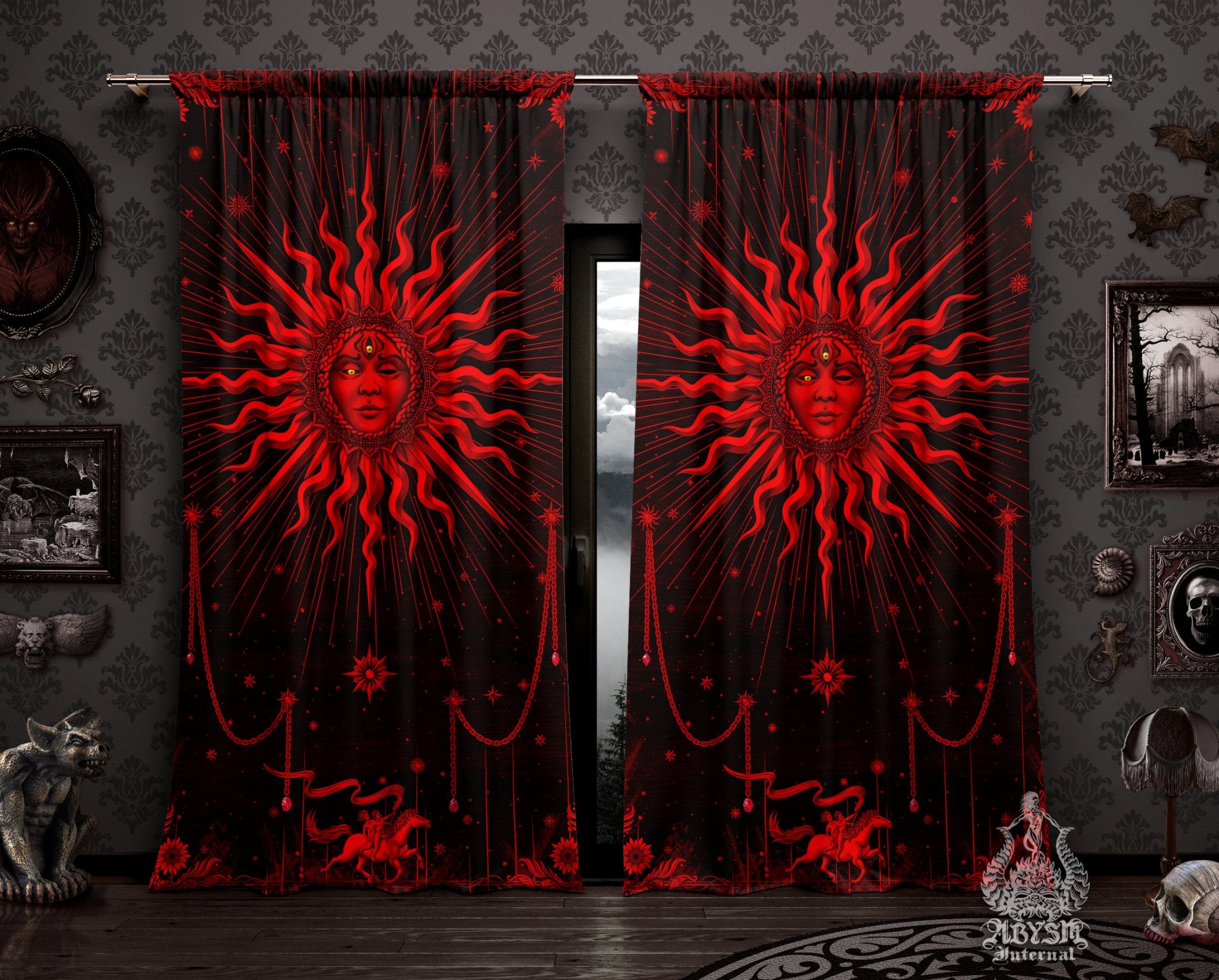 Gothic Sun Curtains, 50x84' Printed Window Panels, Bloody Goth Home Decor, Tarot Arcana, Esoteric Art Print - Black Red - Abysm Internal