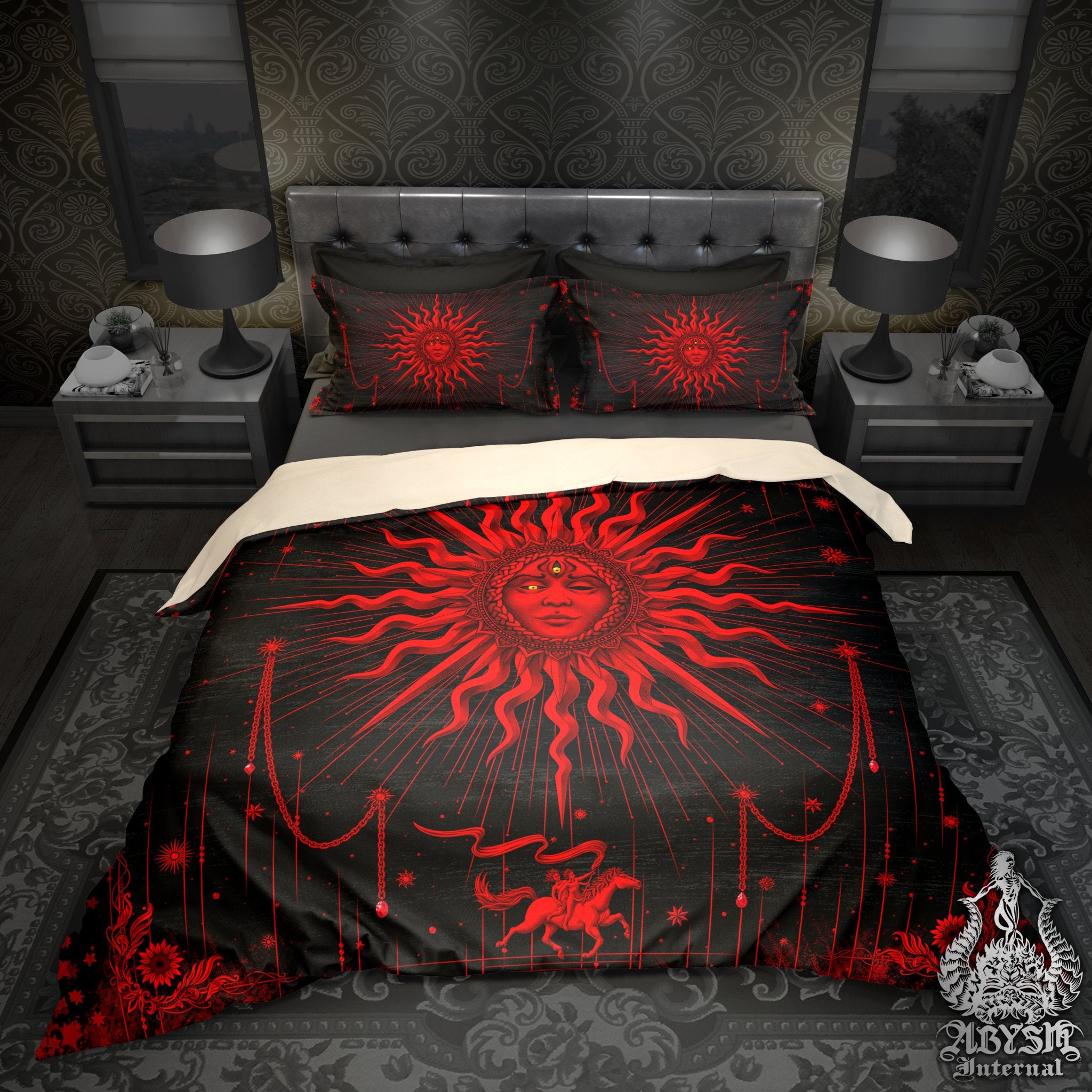 Gothic Sun Duvet Cover, Bed Covering, Esoteric Comforter, Bloody Goth Bedroom Decor King, Queen & Twin Bedding Set - Tarot Arcana Art, Red Black - Abysm Internal