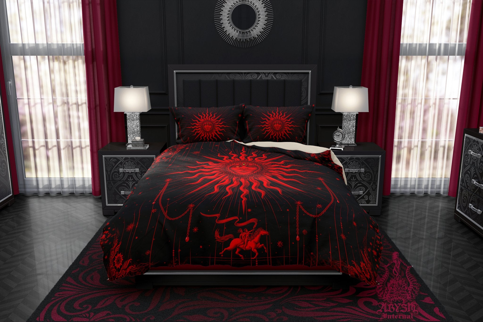 Gothic Sun Duvet Cover, Bed Covering, Esoteric Comforter, Bloody Goth Bedroom Decor King, Queen & Twin Bedding Set - Tarot Arcana Art, Red Black - Abysm Internal
