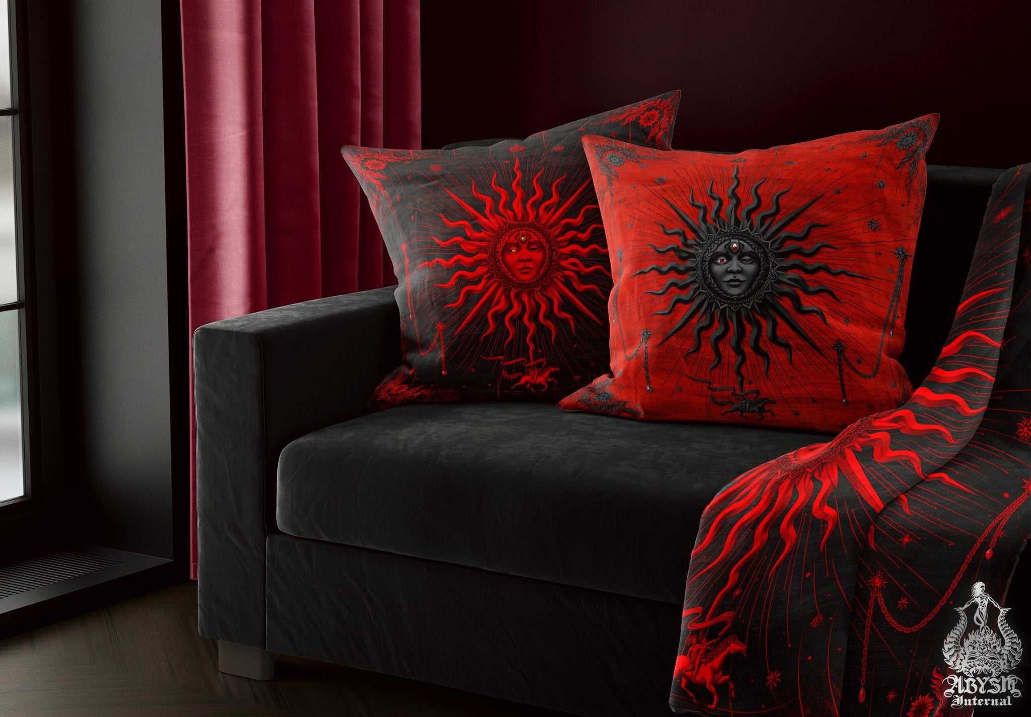 Gothic Sun Throw Pillow, Decorative Accent Pillow, Square Cushion Cover, Arcana Tarot Art, Alternative Home, Fortune & Magic Room Decor - Bloody Goth, Black Red - Abysm Internal