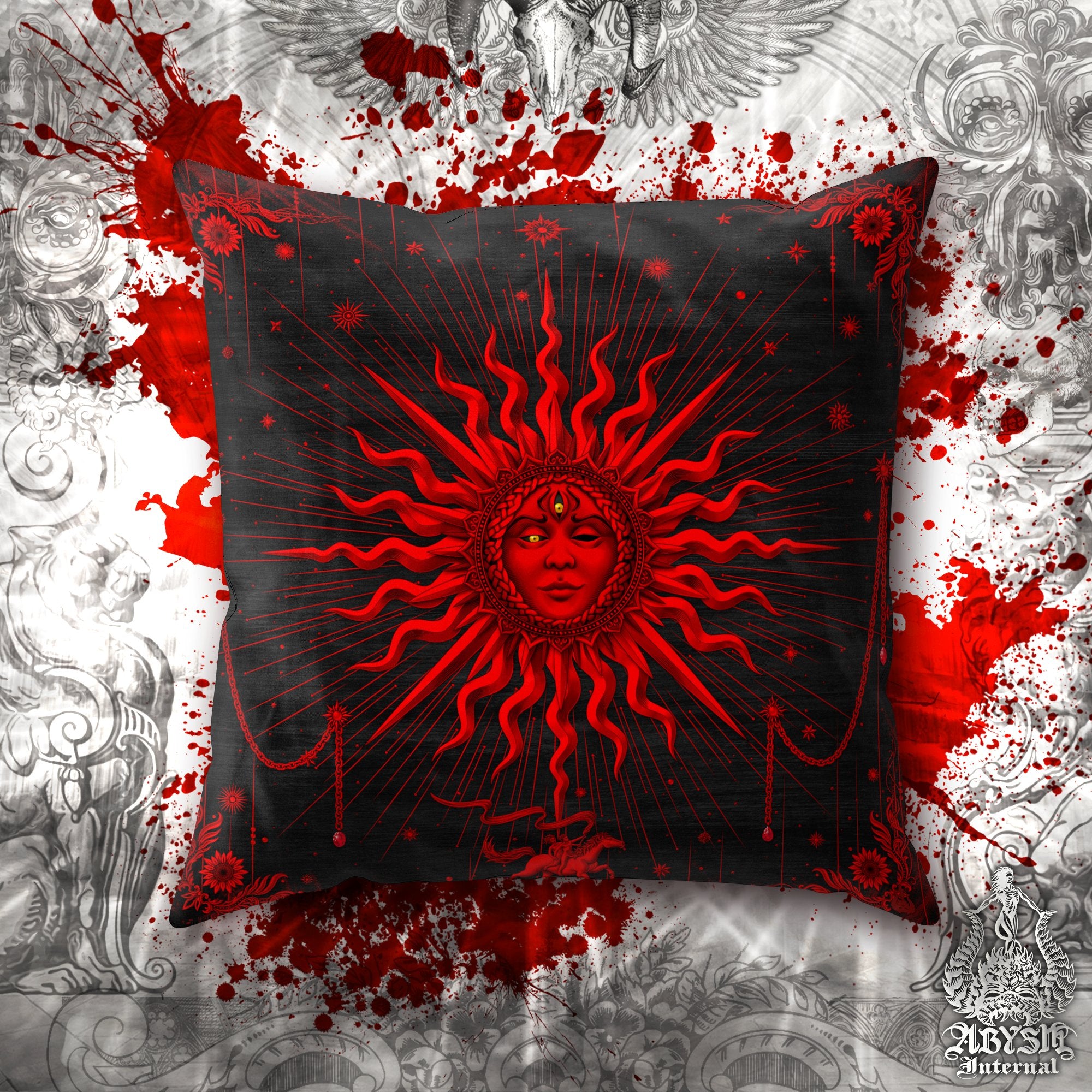 Gothic Sun Throw Pillow, Decorative Accent Pillow, Square Cushion Cover, Arcana Tarot Art, Alternative Home, Fortune & Magic Room Decor - Bloody Goth, Black Red - Abysm Internal