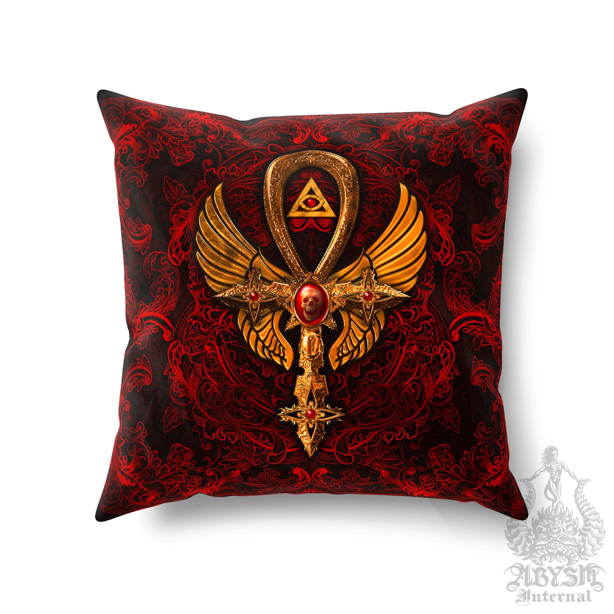 Gothic Throw Pillow, Decorative Accent Pillow, Square Cushion Cover, Bloody Goth Room Decor, Dark Red Art, Alternative Home - Ankh Cross, Gold, Black, 3 Colors - Abysm Internal