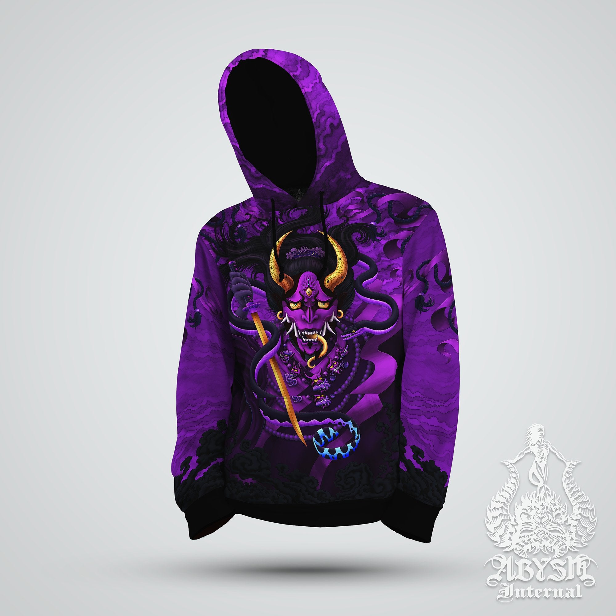 Graffiti Hoodie, Japanese Demon Sweater, Anime and Manga Streetwear, Oni and Snake Street Outfit, Pastel Goth Pullover, Alternative Clothing, Unisex - Hannya, Purple and Black - Abysm Internal
