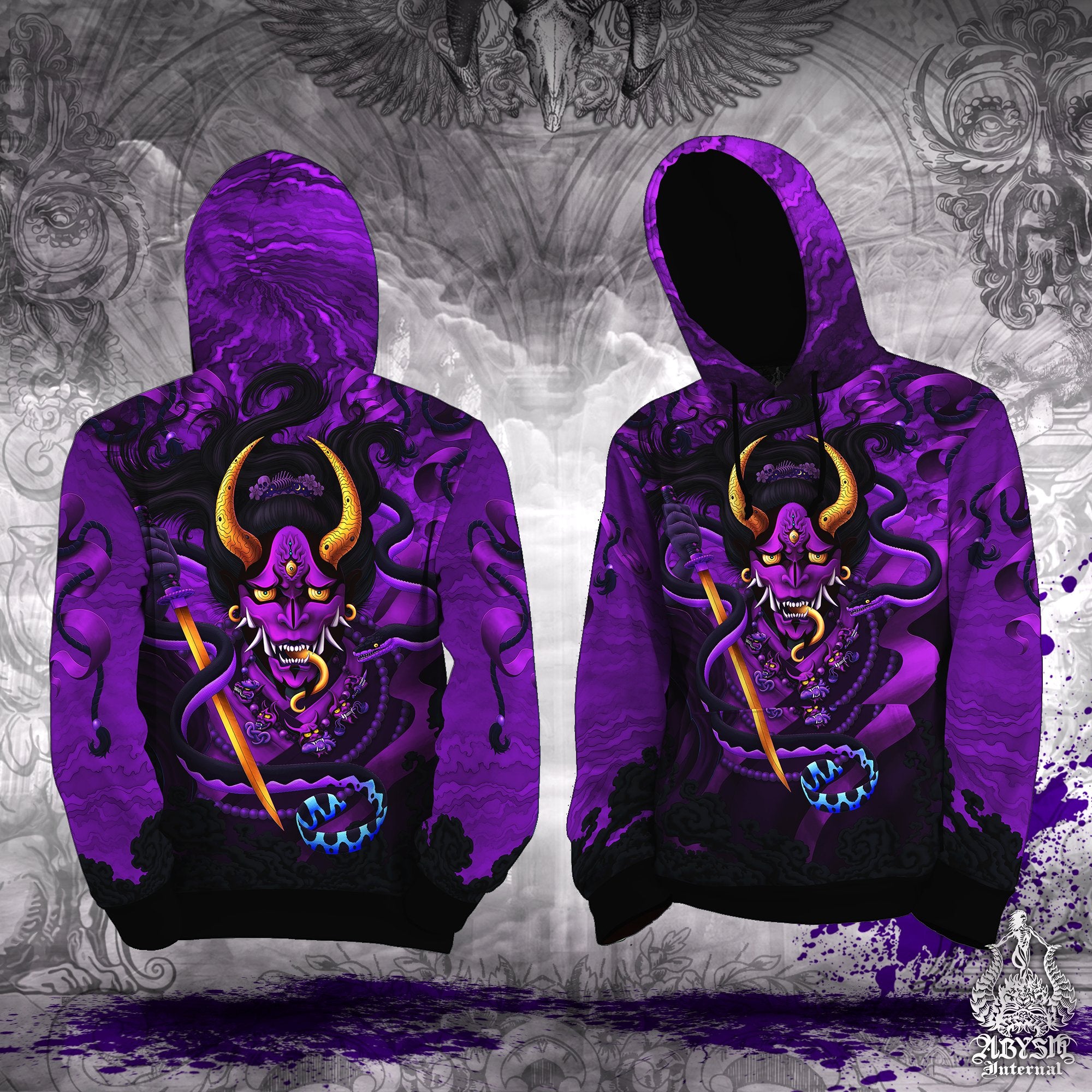 Graffiti Hoodie, Japanese Demon Sweater, Anime and Manga Streetwear, Oni and Snake Street Outfit, Pastel Goth Pullover, Alternative Clothing, Unisex - Hannya, Purple and Black - Abysm Internal