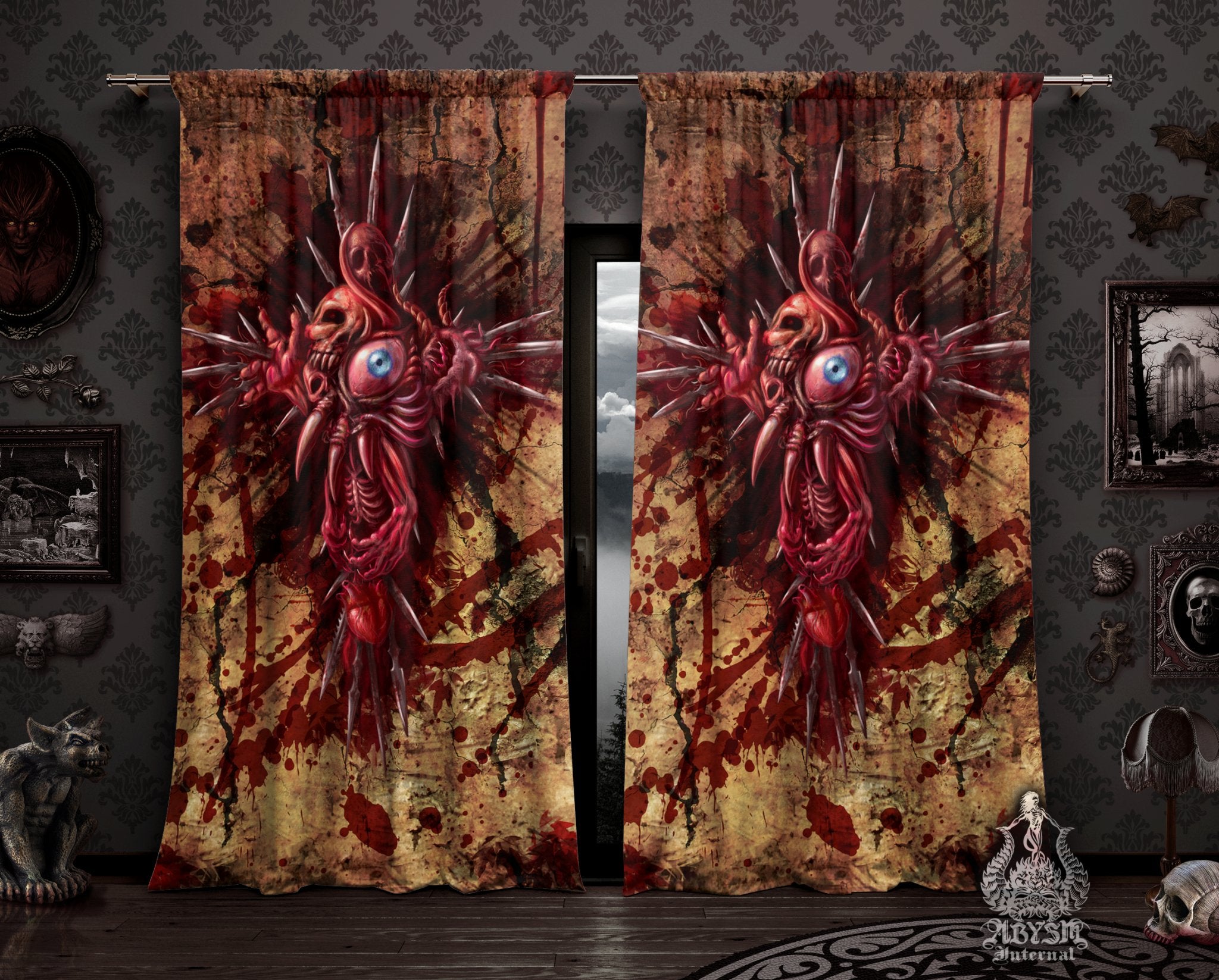 Halloween Curtains, 50x84' Printed Window Panels, Horror Decor, Art Print - Dark grunge, Gore & Blood Cross - Abysm Internal