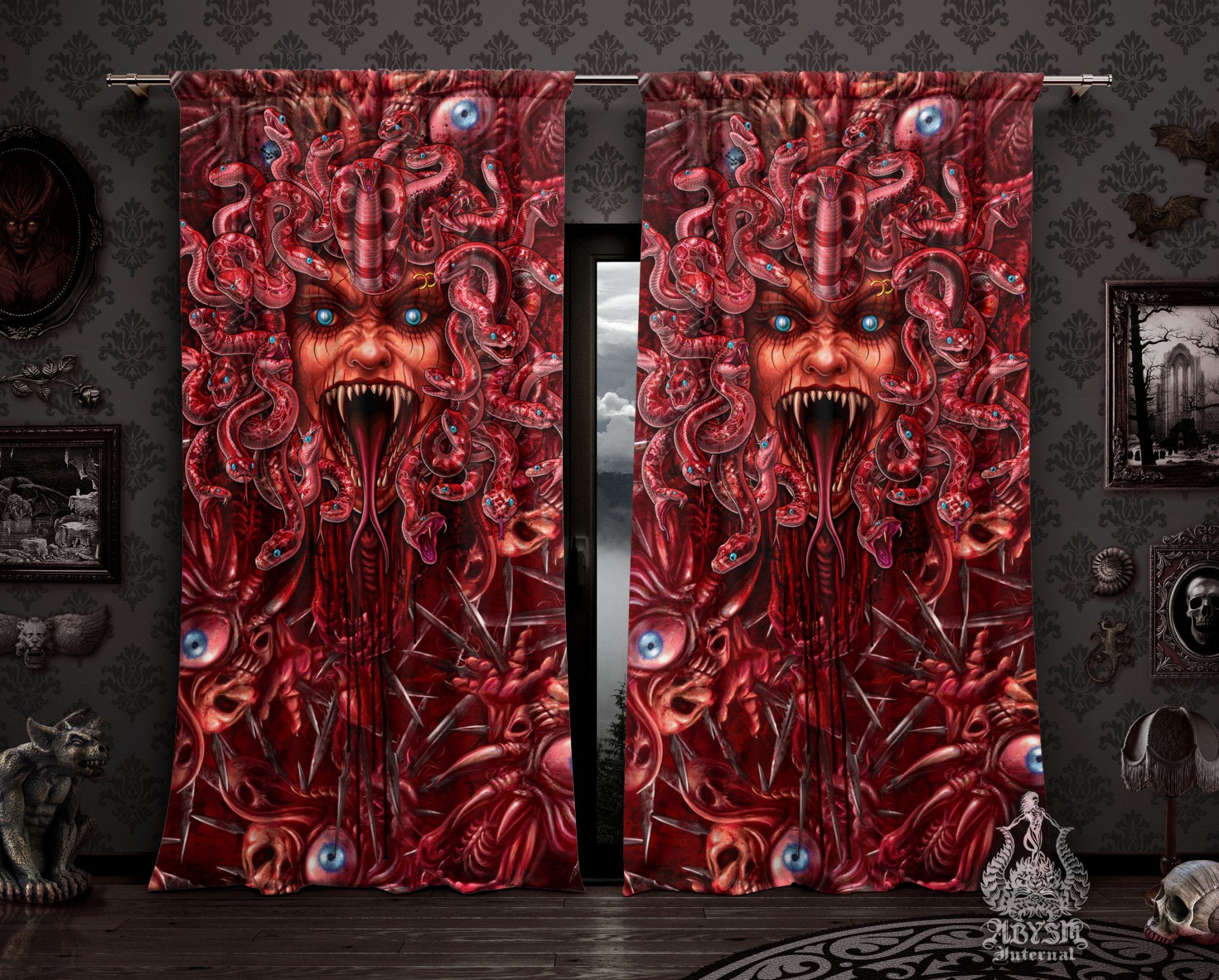 Halloween Curtains, 50x84' Printed Window Panels, Horror Skull Art Print, Spooky Decor - Gore and Blood, Medusa & Snakes, 3 Faces - Abysm Internal