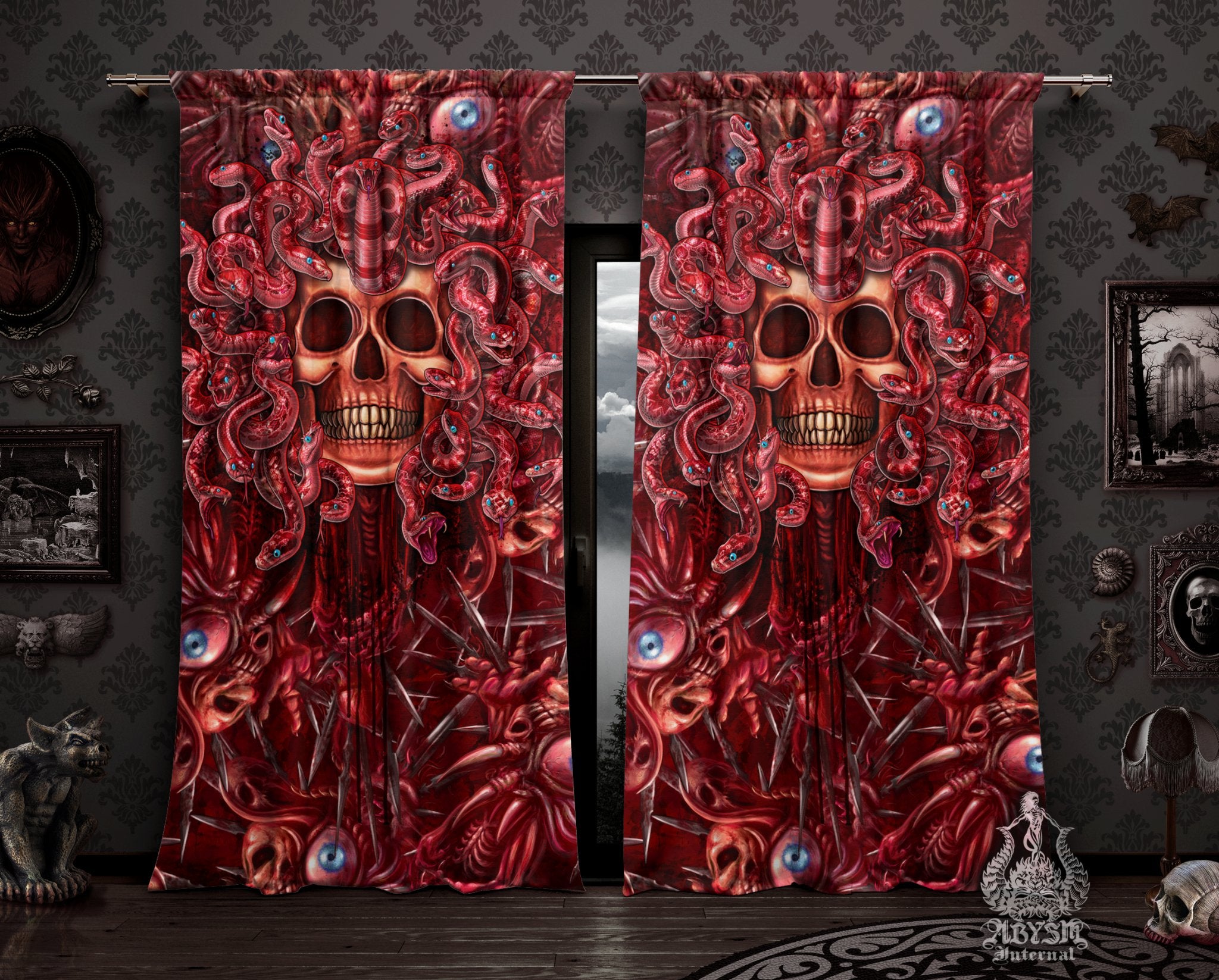 Halloween Curtains, 50x84' Printed Window Panels, Horror Skull Art Print, Spooky Decor - Gore and Blood, Medusa & Snakes, 3 Faces - Abysm Internal