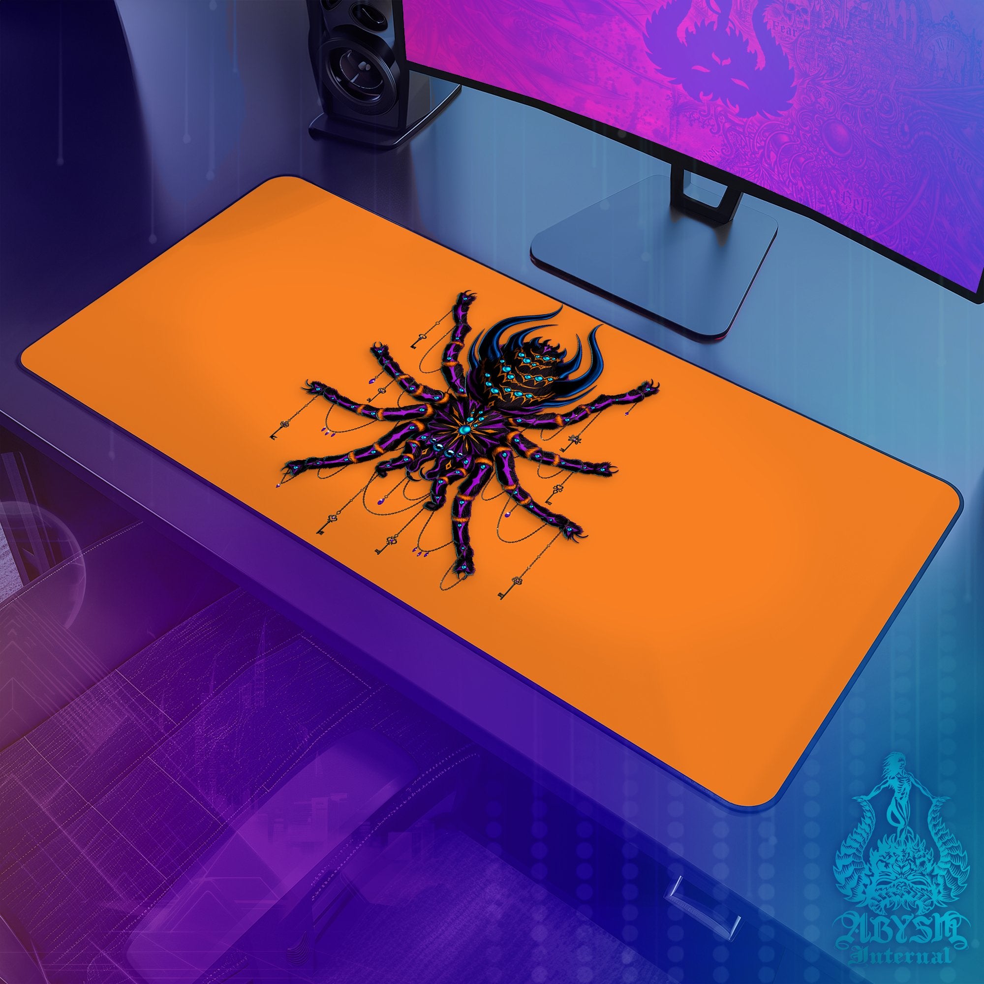 Halloween Mouse Pad, Neon Goth Gaming Desk Mat, Spider Workpad, Gamer Table Protector Cover, Tarantula Art Print - Abysm Internal