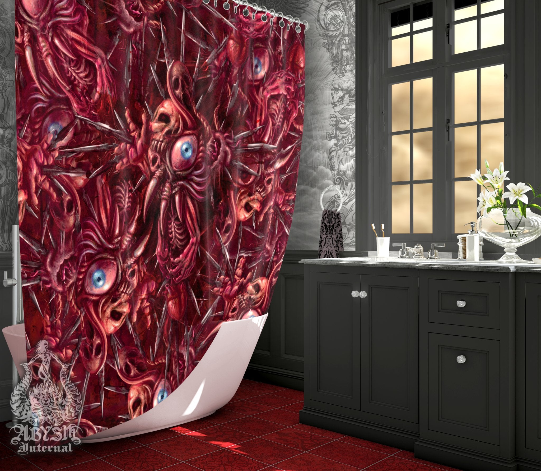 Halloween Shower Curtain, 71x74 inches, Eyeballs Horror Bathroom Decor, Gore Monster - Blood Cross - Abysm Internal