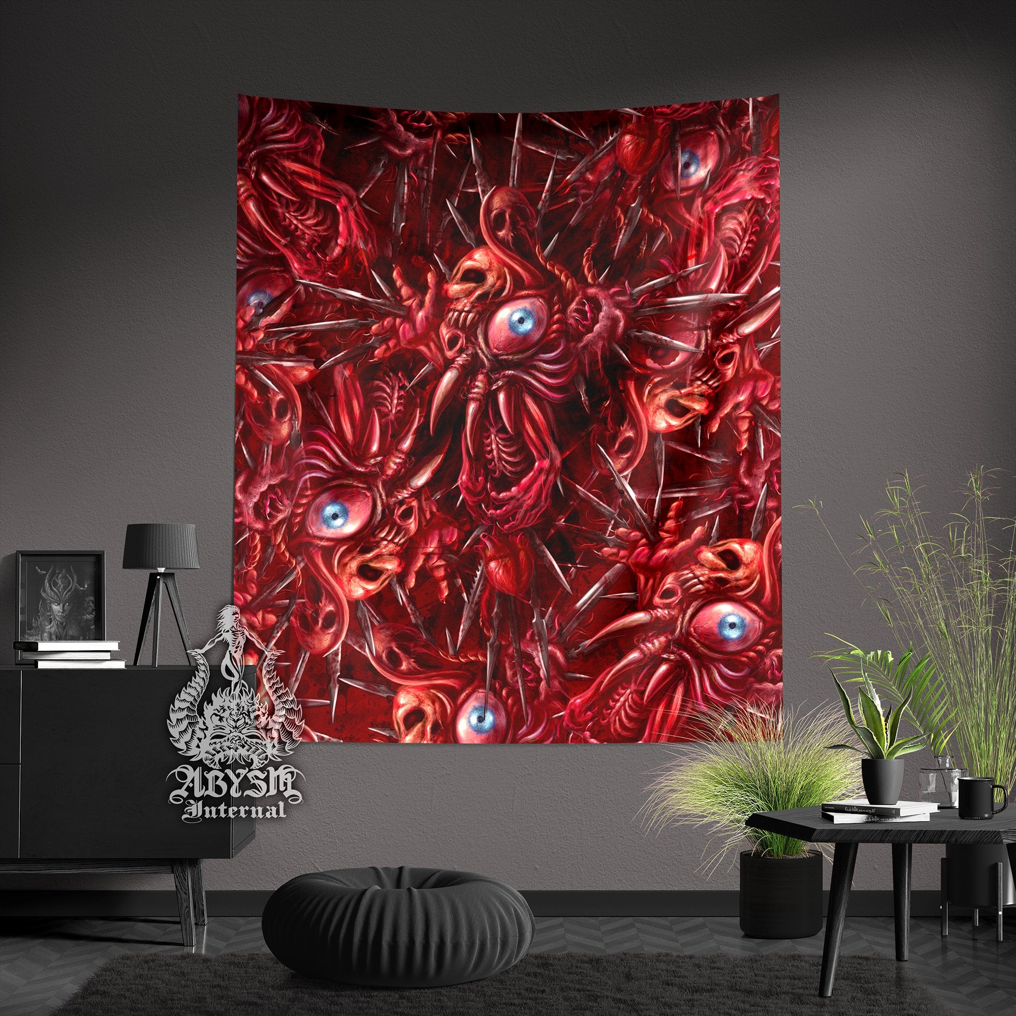 Halloween Tapestry, Spooky Wall Hanging, Eyeball Monster, Gore & Blood Cross, Horror Home Decor, Vertical Art Print - 3 Options - Abysm Internal