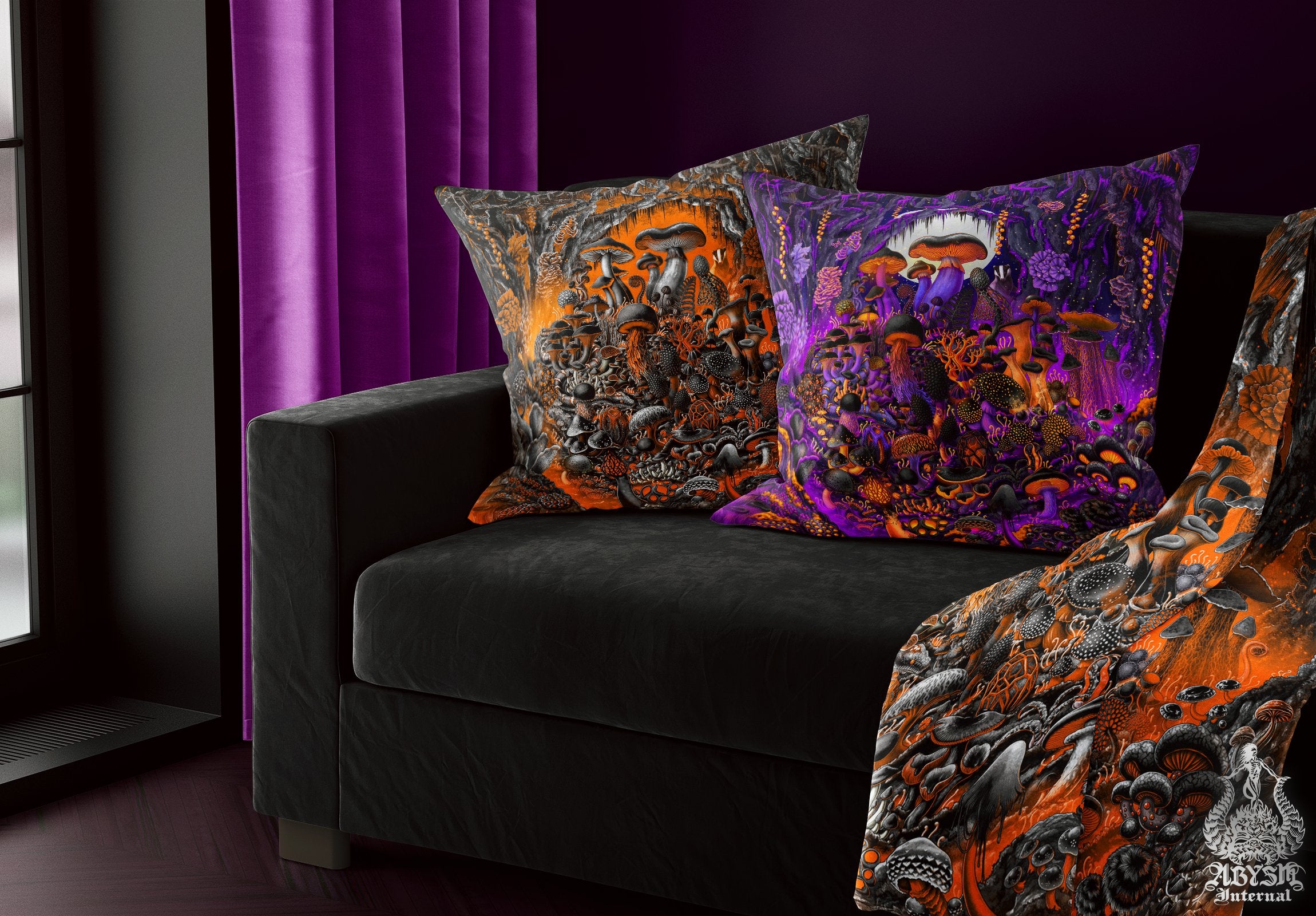 Halloween Throw Pillow, Mushrooms Decorative Accent Pillow, Orange Square Cushion Cover, Magic Shrooms Art Print and Room Decor - Abysm Internal