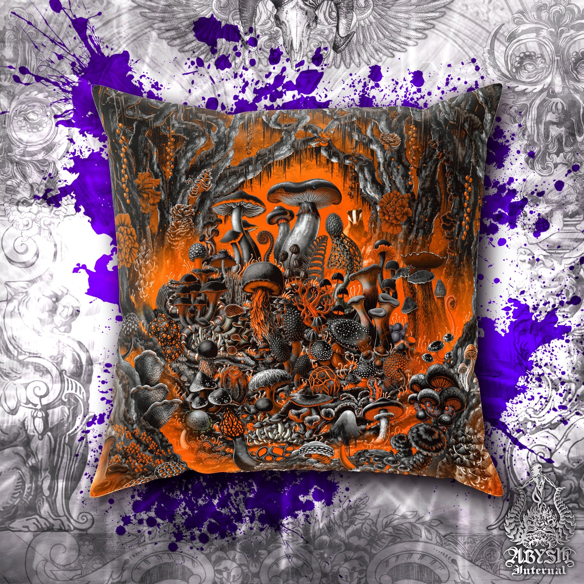 Halloween Throw Pillow, Mushrooms Decorative Accent Pillow, Orange Square Cushion Cover, Magic Shrooms Art Print and Room Decor - Abysm Internal
