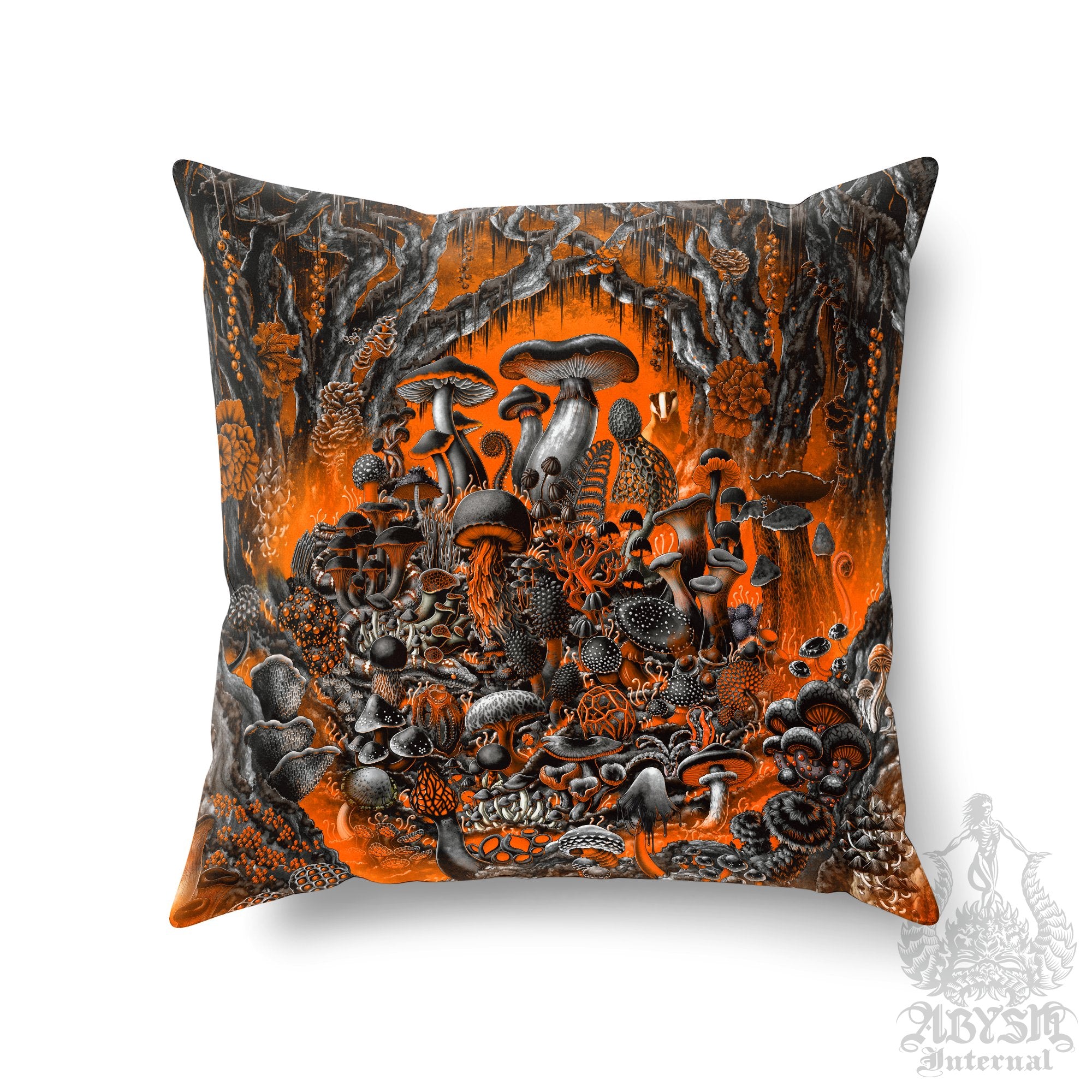 Halloween Throw Pillow, Mushrooms Decorative Accent Pillow, Orange Square Cushion Cover, Magic Shrooms Art Print and Room Decor - Abysm Internal