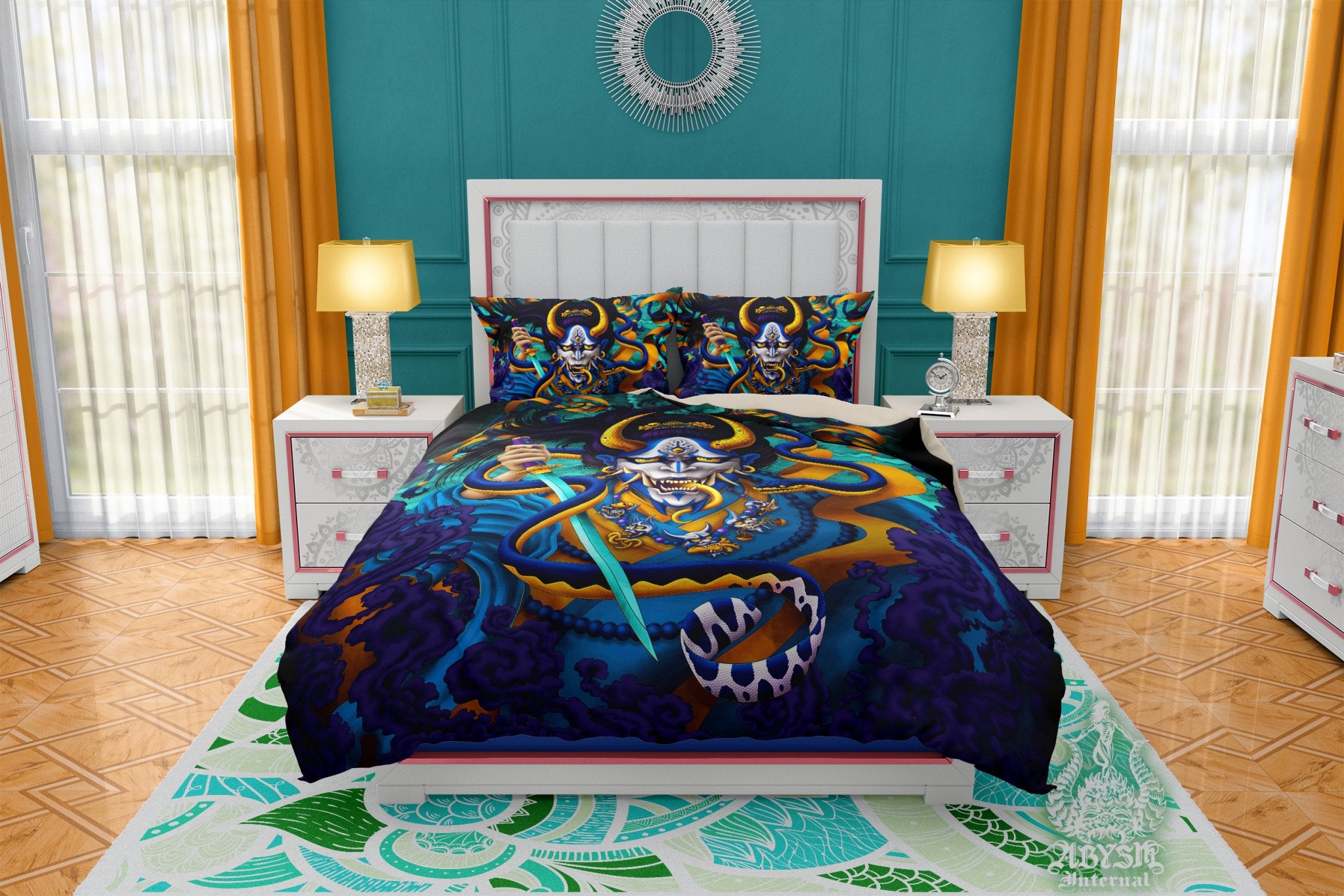 Hannya and Snake Bedding Set, Comforter or Duvet, Anime Bed Cover, Japanese Demon Bedroom Decor, King, Queen & Twin Size - Cyan Gold - Abysm Internal