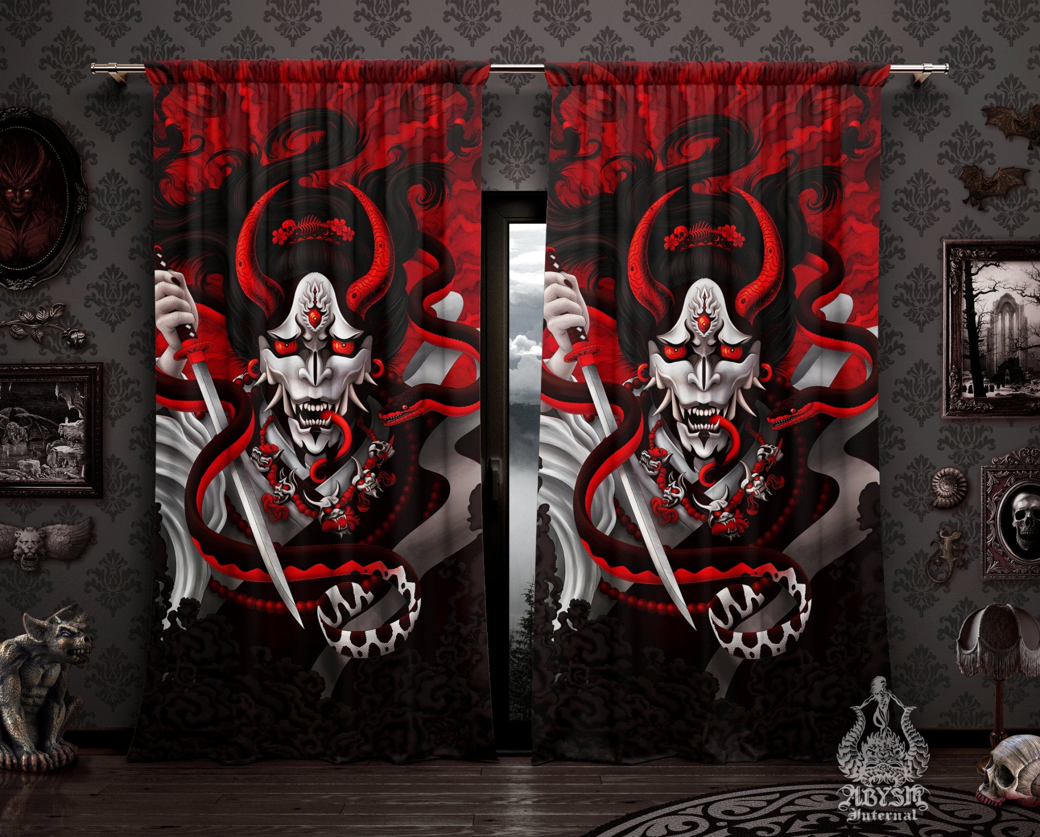 Hannya and Snake Curtains, 50x84' Printed Window Panels, Bloody White Goth Japanese Demon, Dark Fantasy Decor, Anime and Game Room Art Print - Red - Abysm Internal
