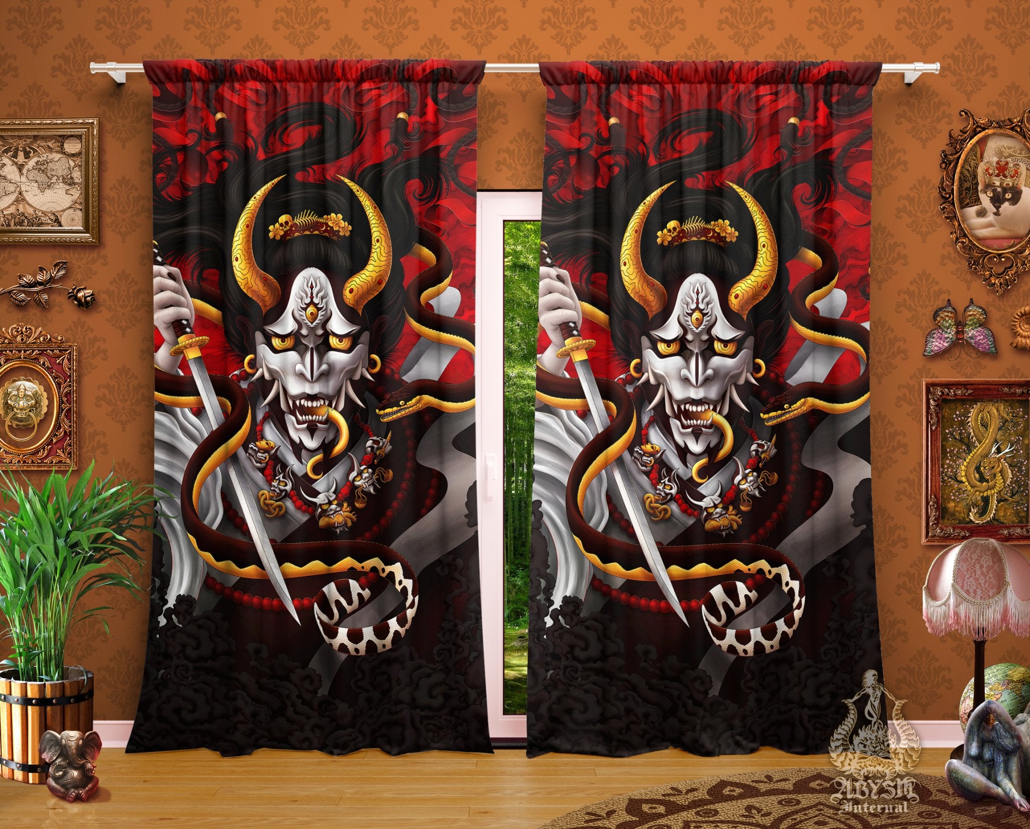 Hannya and Snake Curtains, 50x84' Printed Window Panels, Japanese Demon, Dark Fantasy Decor, Anime and Game Room Art Print - Original - Abysm Internal