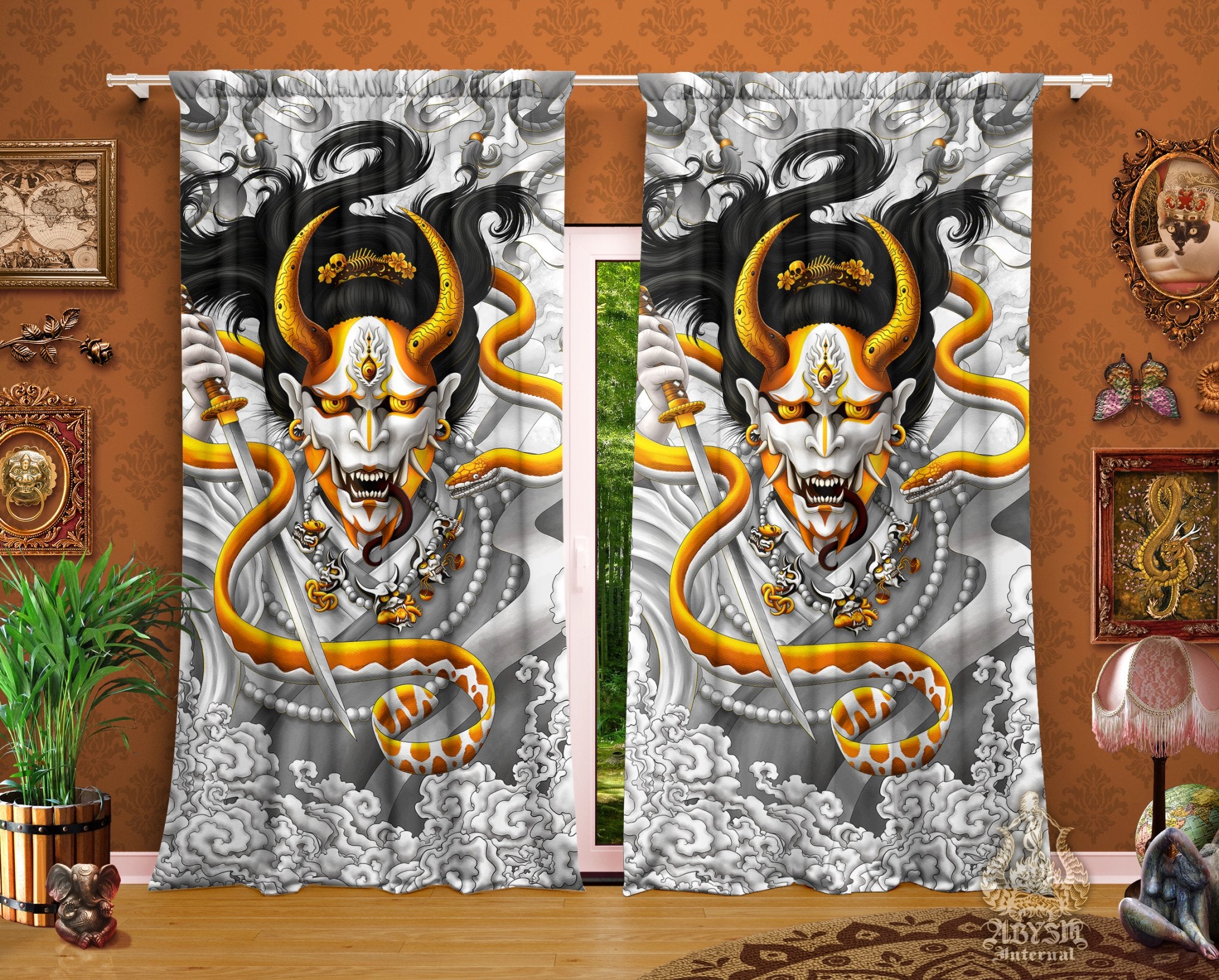 Hannya and Snake Curtains, 50x84' Printed Window Panels, Japanese Demon, Dark Fantasy Decor, Anime and Game Room Art Print - White Gold - Abysm Internal