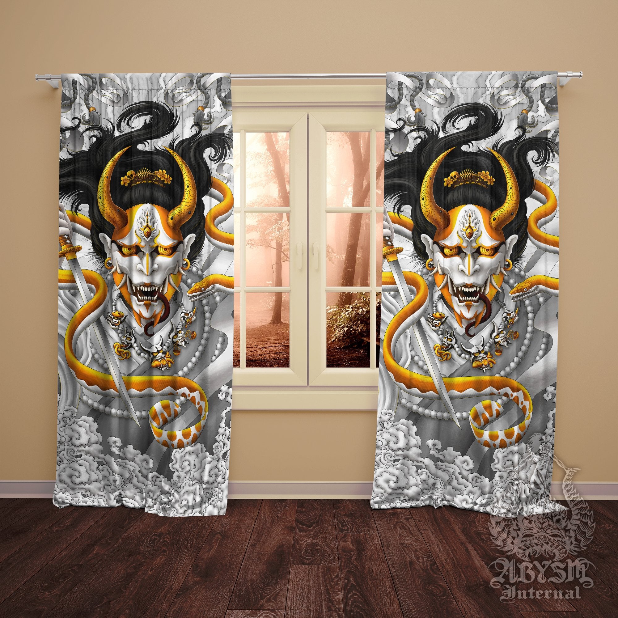 Hannya and Snake Curtains, 50x84' Printed Window Panels, Japanese Demon, Dark Fantasy Decor, Anime and Game Room Art Print - White Gold - Abysm Internal