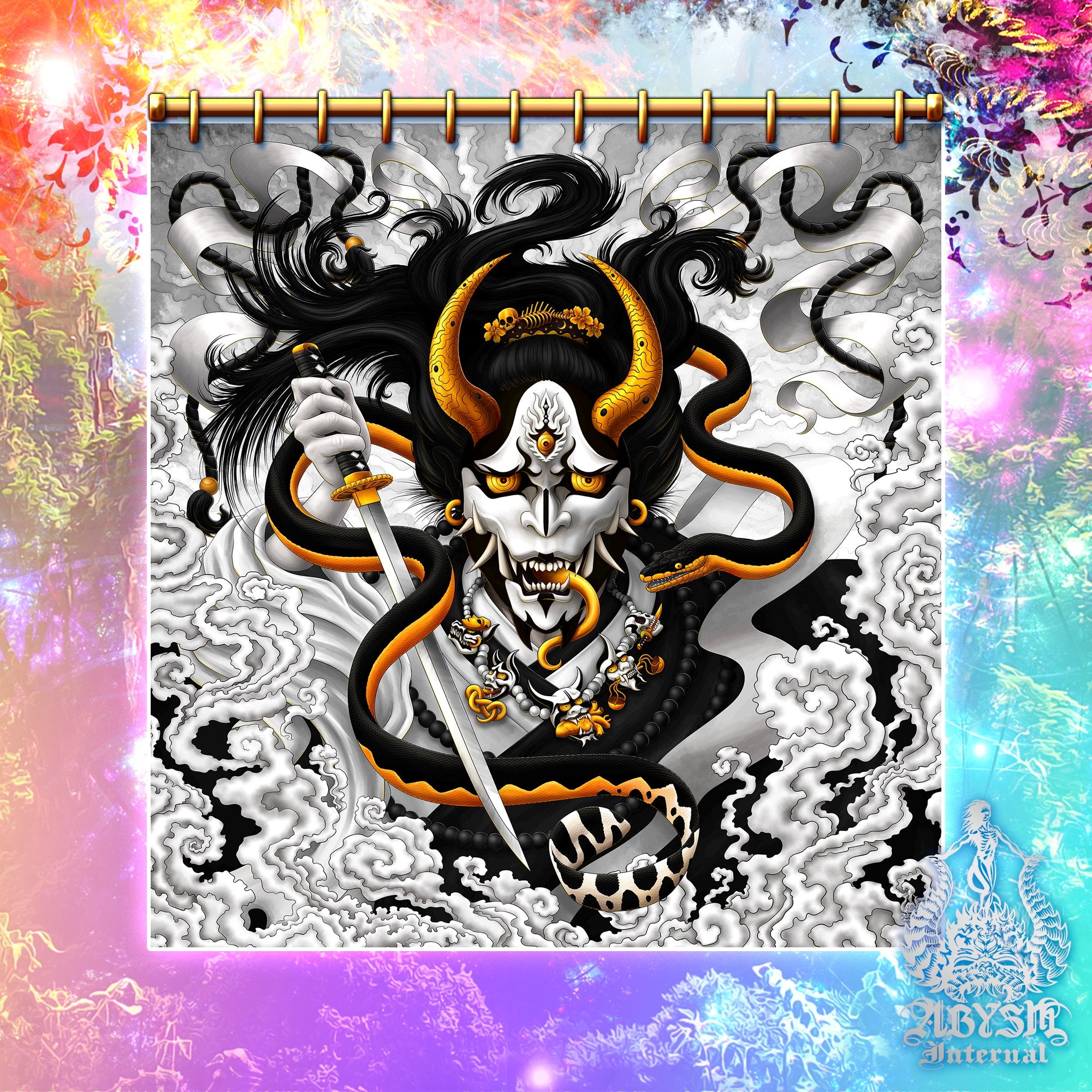 Hannya and Snake Shower Curtain, 71x74 inches, Japanese Demon, Youkai Anime and Gamer Bathroom Decor - Black and White - Abysm Internal