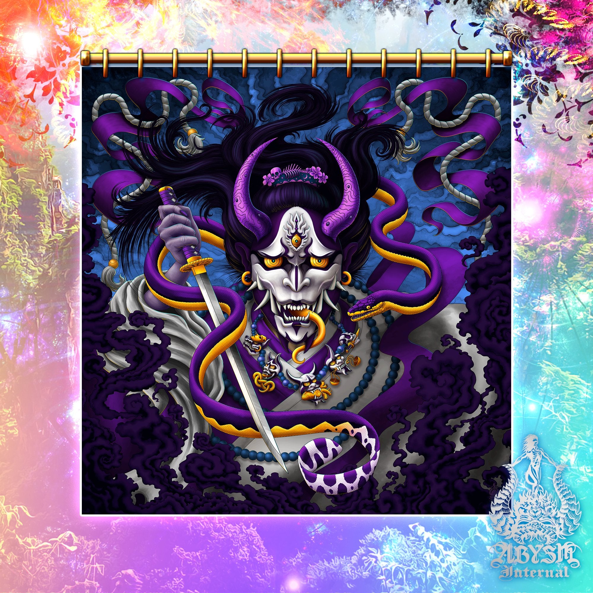 Hannya and Snake Shower Curtain, 71x74 inches, Japanese Demon, Youkai Anime and Gamer Bathroom Decor - Blue Purple - Abysm Internal