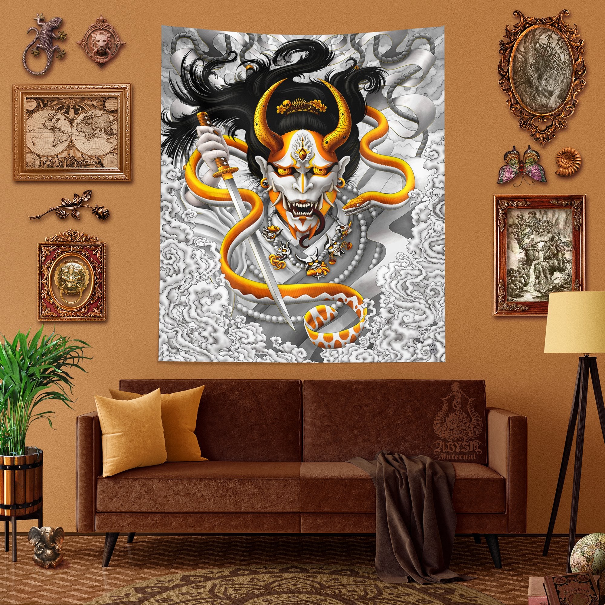 Hannya and Snake Tapestry, Japanese Demon Wall Hanging, Anime, Manga and Gamer Room Decor, Vertical Art Print - White Gold - Abysm Internal