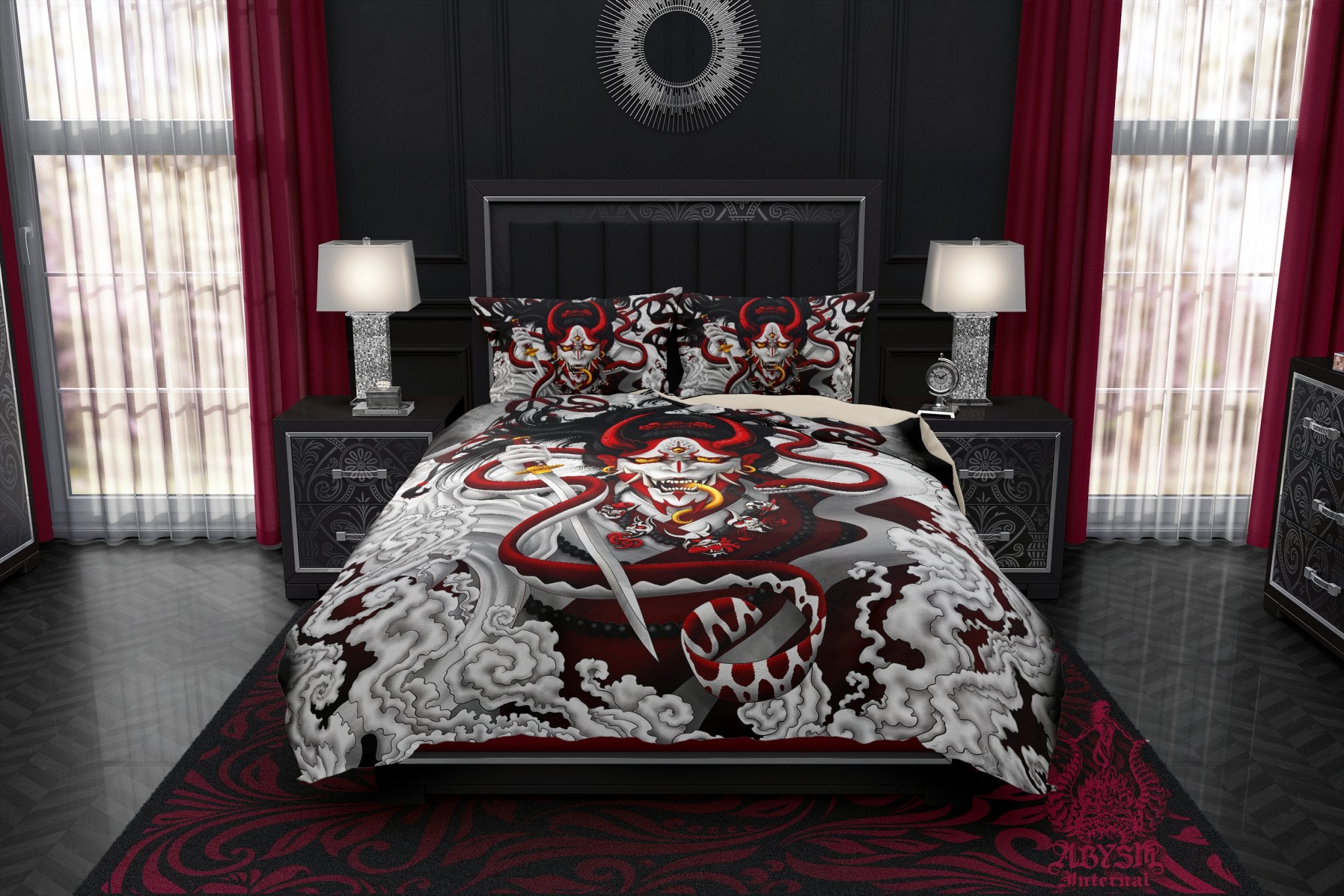 Hannya Bedding Set, Comforter or Duvet, Anime Bed Cover, Bloody White Goth Bedroom Decor, King, Queen & Twin Size - Red Snake and Japanese Demon - Abysm Internal