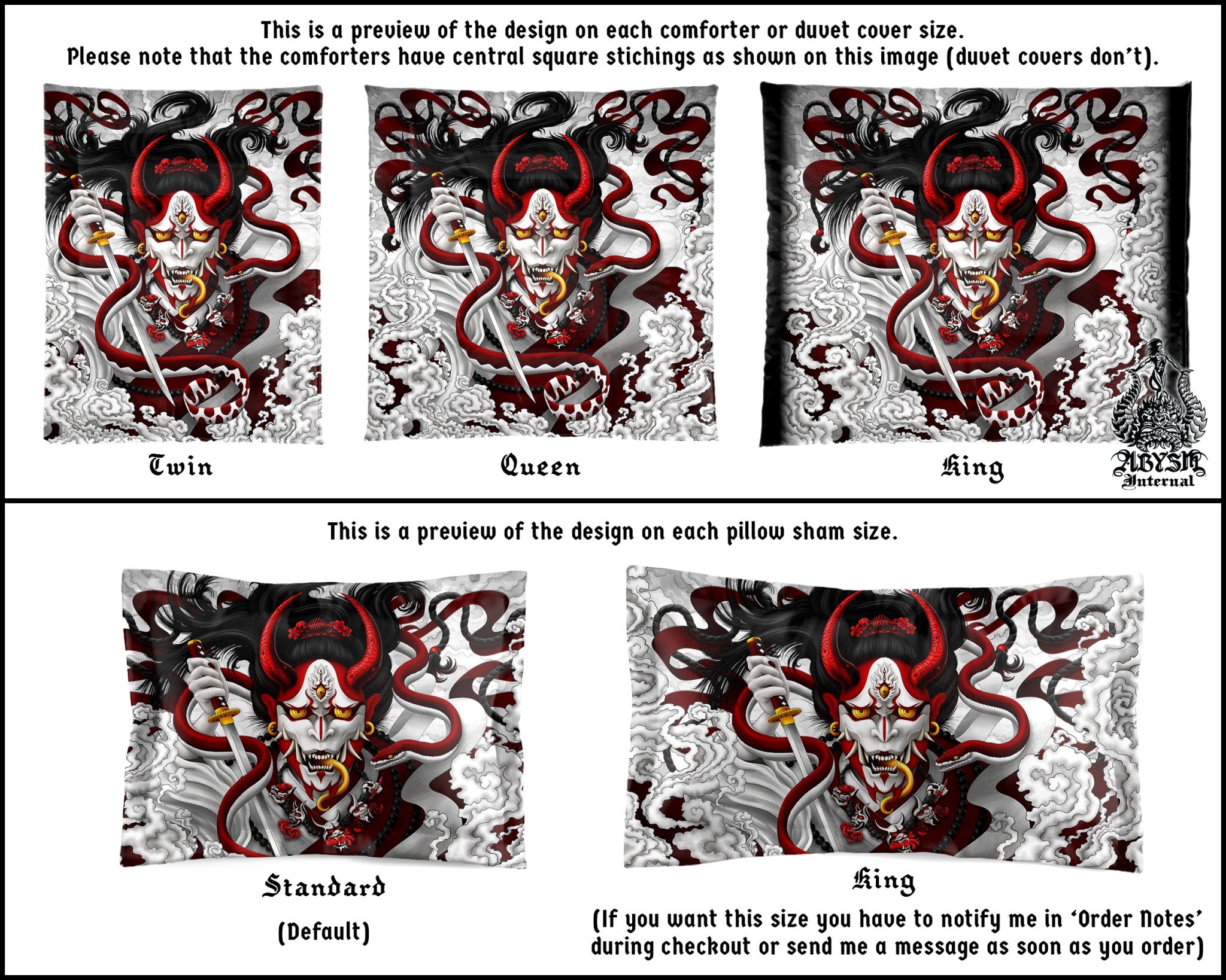 Hannya Bedding Set, Comforter or Duvet, Anime Bed Cover, Bloody White Goth Bedroom Decor, King, Queen & Twin Size - Red Snake and Japanese Demon - Abysm Internal