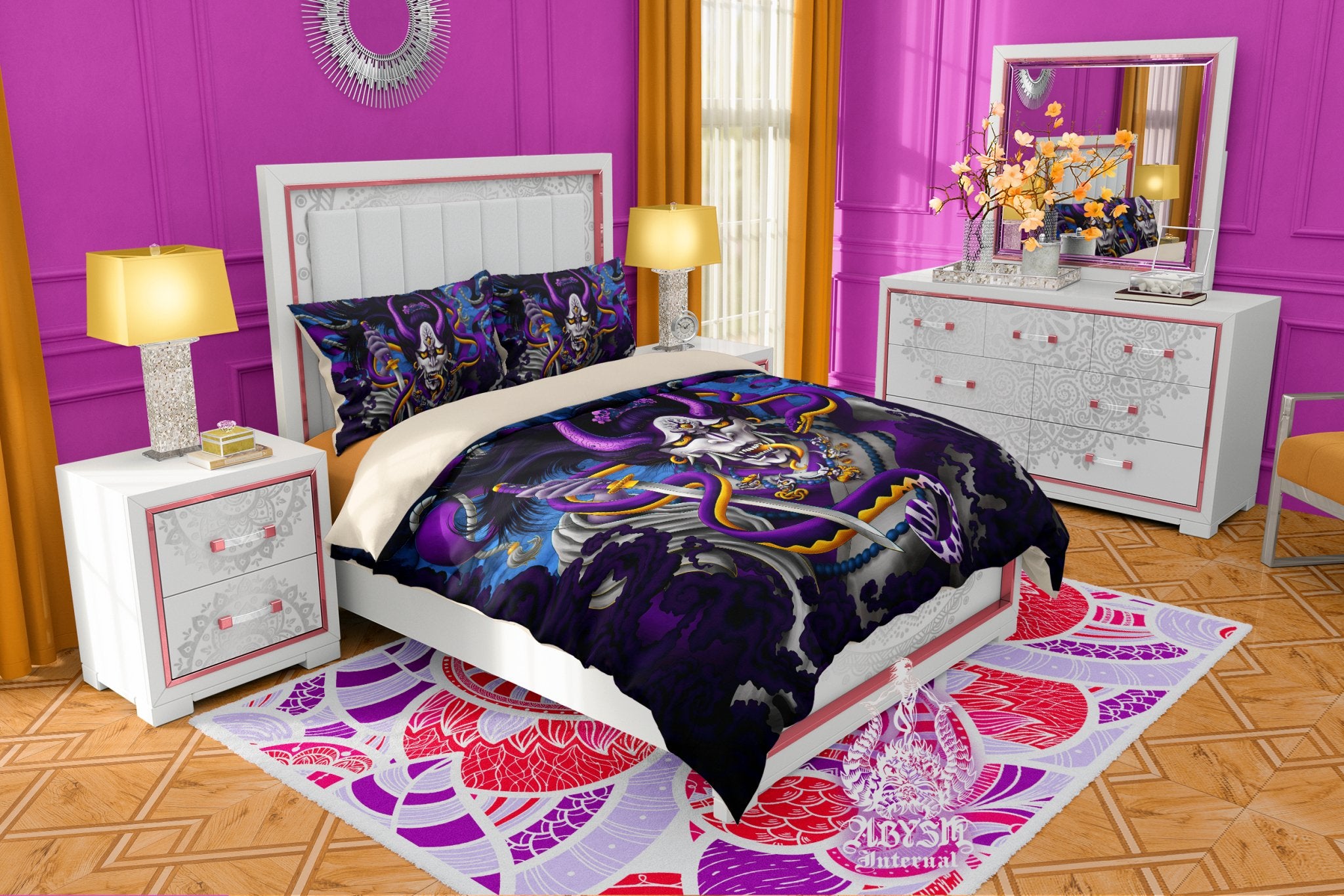Hannya Bedding Set, Comforter or Duvet, Anime Bed Cover, Japanese Demon Bedroom Decor, King, Queen & Twin Size - Snake, Blue Purple - Abysm Internal