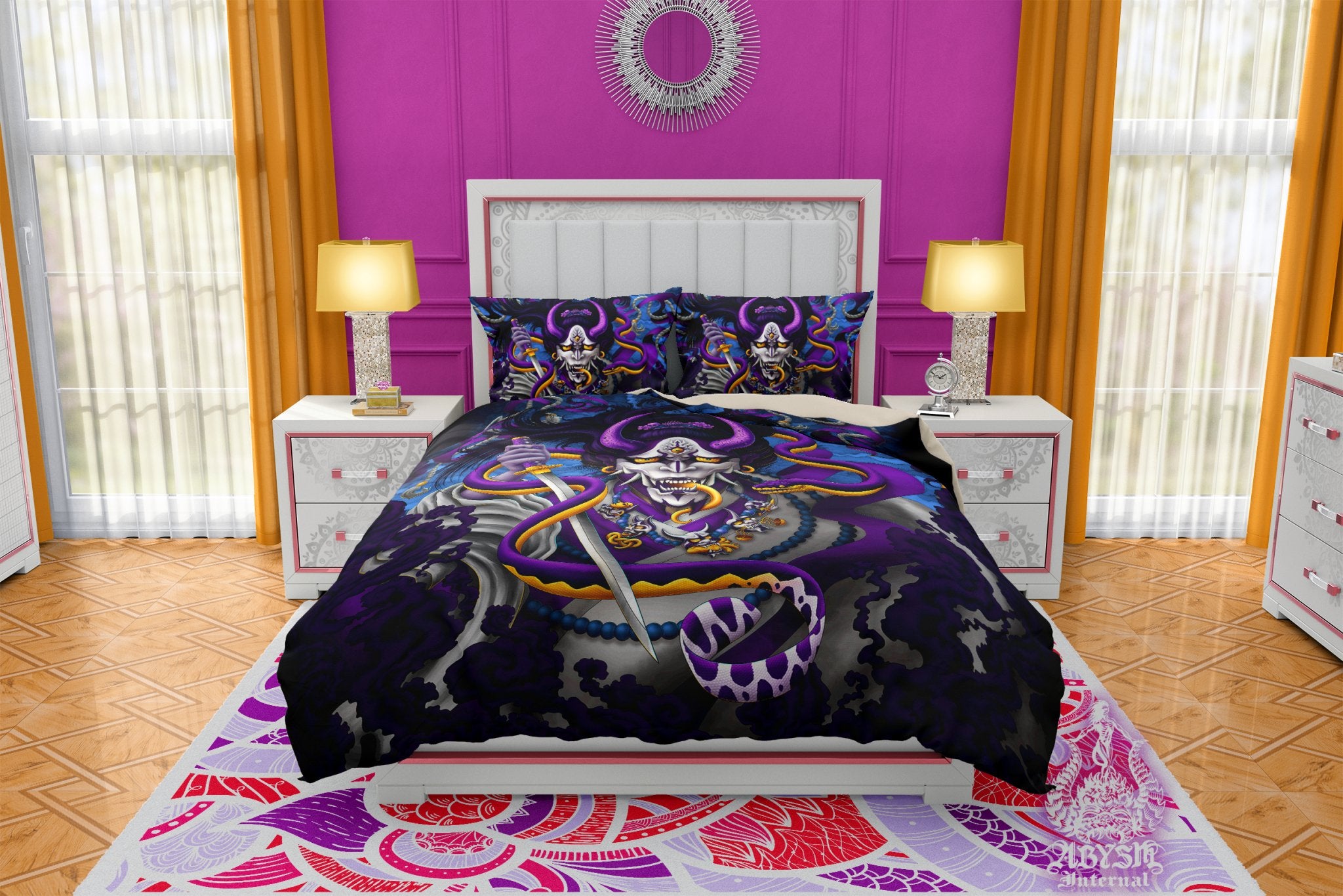 Hannya Bedding Set, Comforter or Duvet, Anime Bed Cover, Japanese Demon Bedroom Decor, King, Queen & Twin Size - Snake, Blue Purple - Abysm Internal