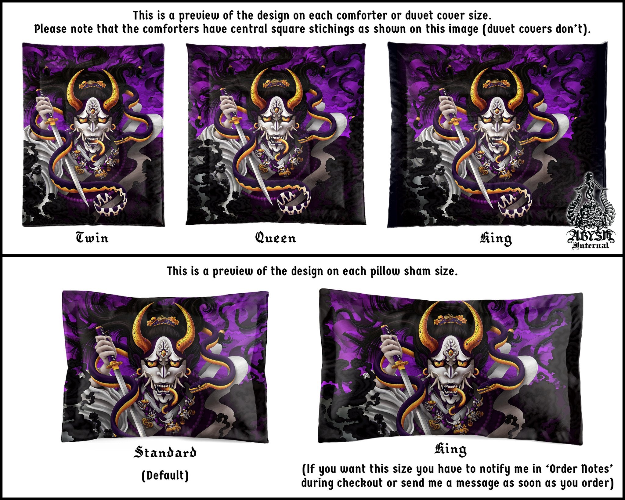 Hannya Bedding Set, Comforter or Duvet, Anime Bed Cover, Purple White Goth Bedroom Decor, King, Queen & Twin Size - Snake and Japanese Demon - Abysm Internal