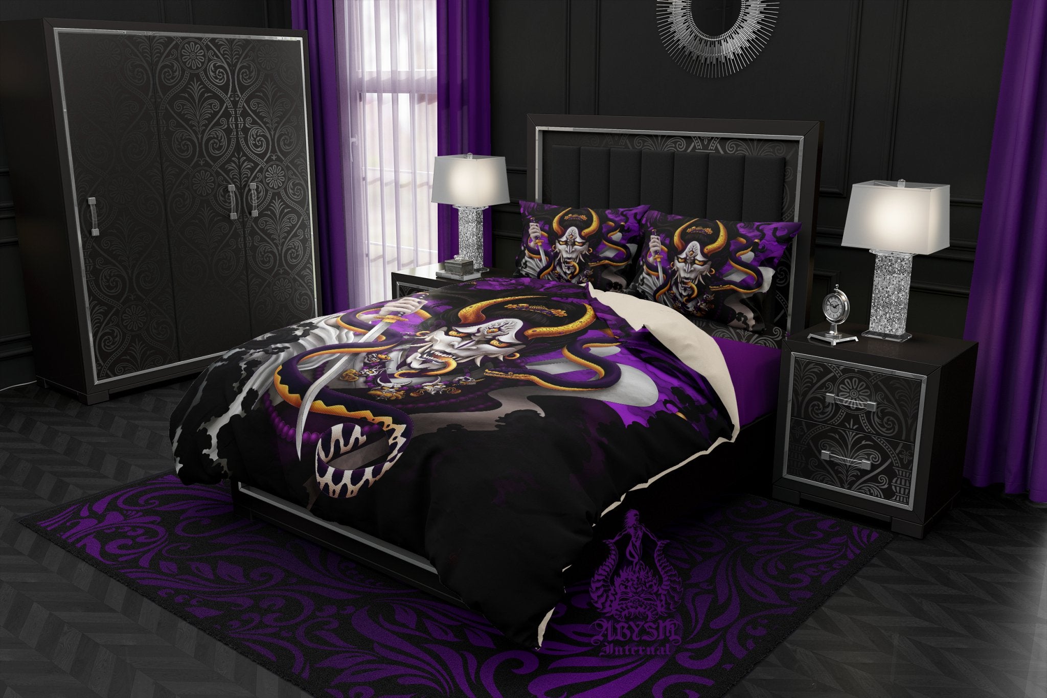 Hannya Bedding Set, Comforter or Duvet, Anime Bed Cover, Purple White Goth Bedroom Decor, King, Queen & Twin Size - Snake and Japanese Demon - Abysm Internal