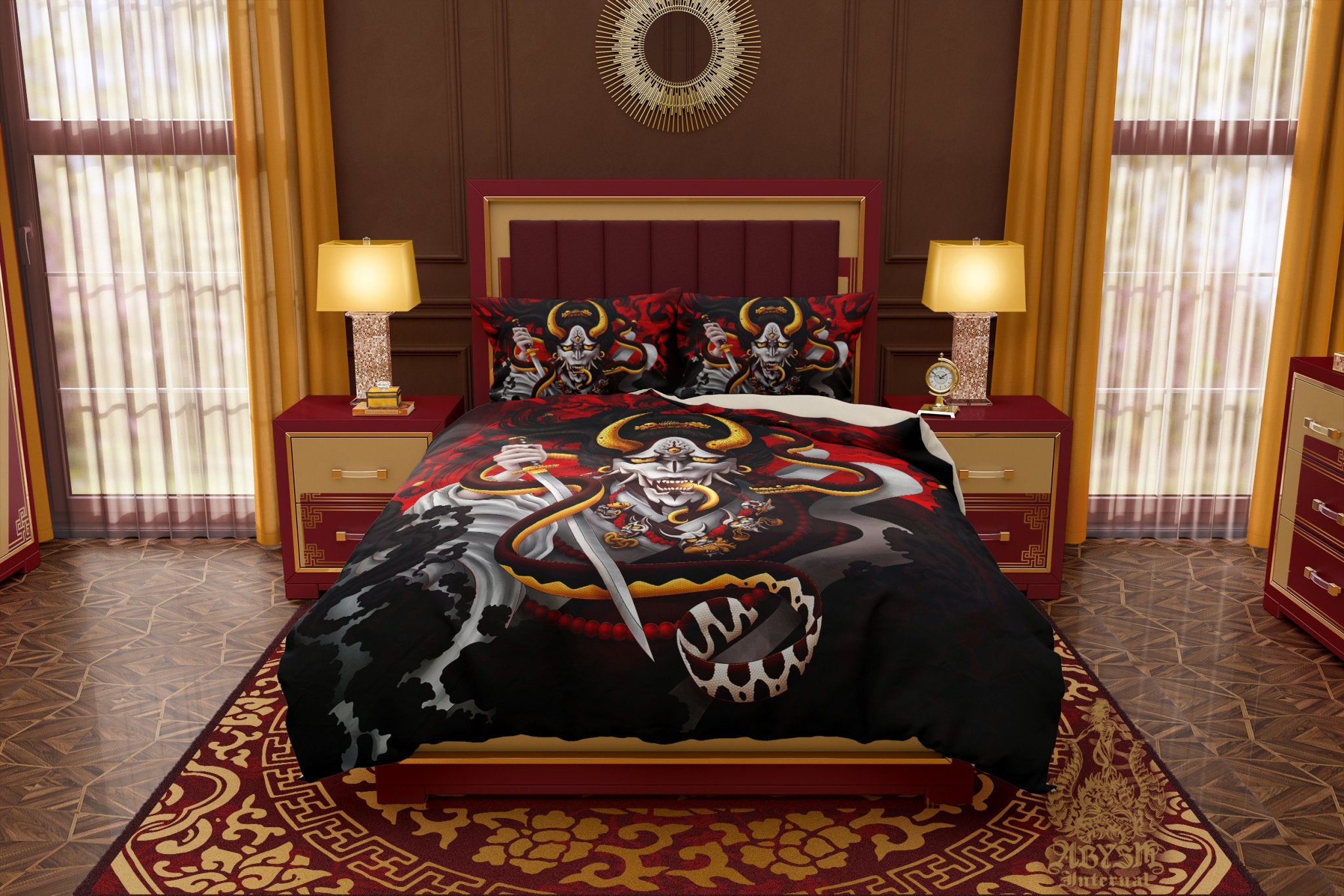 Hannya Bedding Set, Comforter or Duvet, Japanese Demon Bed Cover, Anime Youkai Bedroom Decor, King, Queen & Twin Size - Snake, Original Colors - Abysm Internal
