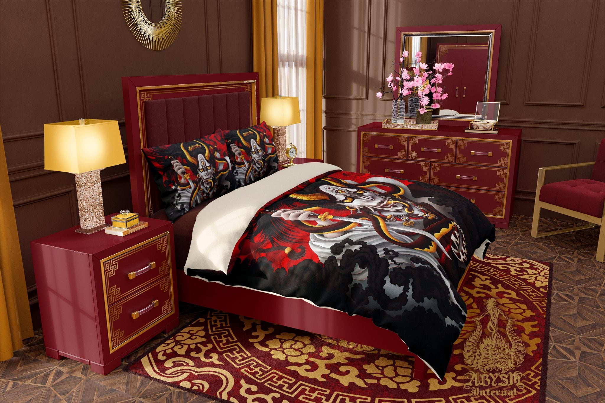 Hannya Bedding Set, Comforter or Duvet, Japanese Demon Bed Cover, Anime Youkai Bedroom Decor, King, Queen & Twin Size - Snake, Original Colors - Abysm Internal