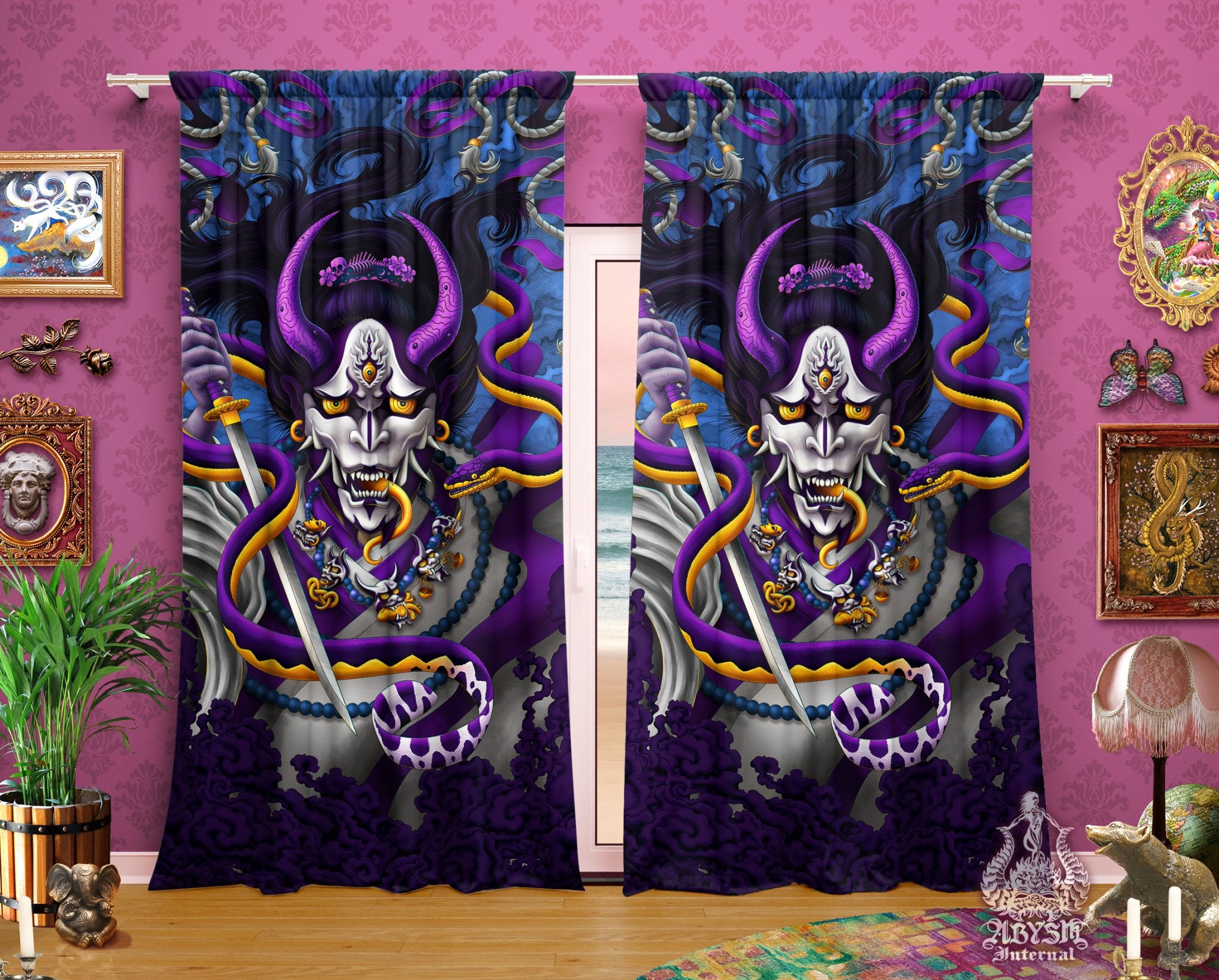 Hannya Curtains, 50x84' Printed Window Panels, Japanese Demon, Dark Fantasy Decor, Anime and Game Room Art Print - Snake, Blue Purple - Abysm Internal