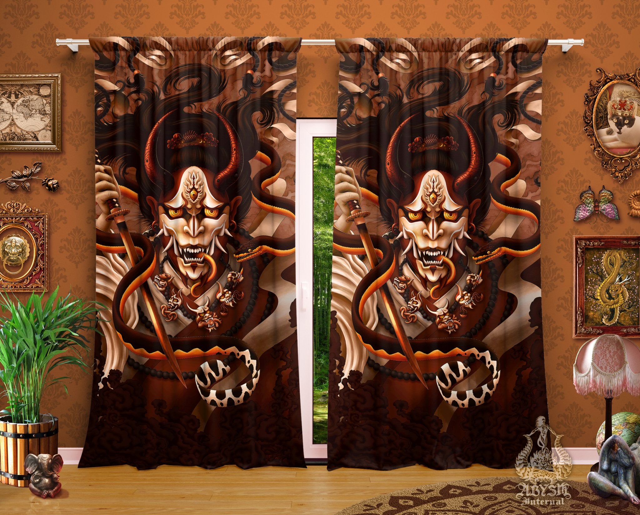 Hannya Curtains, 50x84' Printed Window Panels, Japanese Demon, Dark Fantasy Decor, Anime and Game Room Art Print - Snake, Cream - Abysm Internal