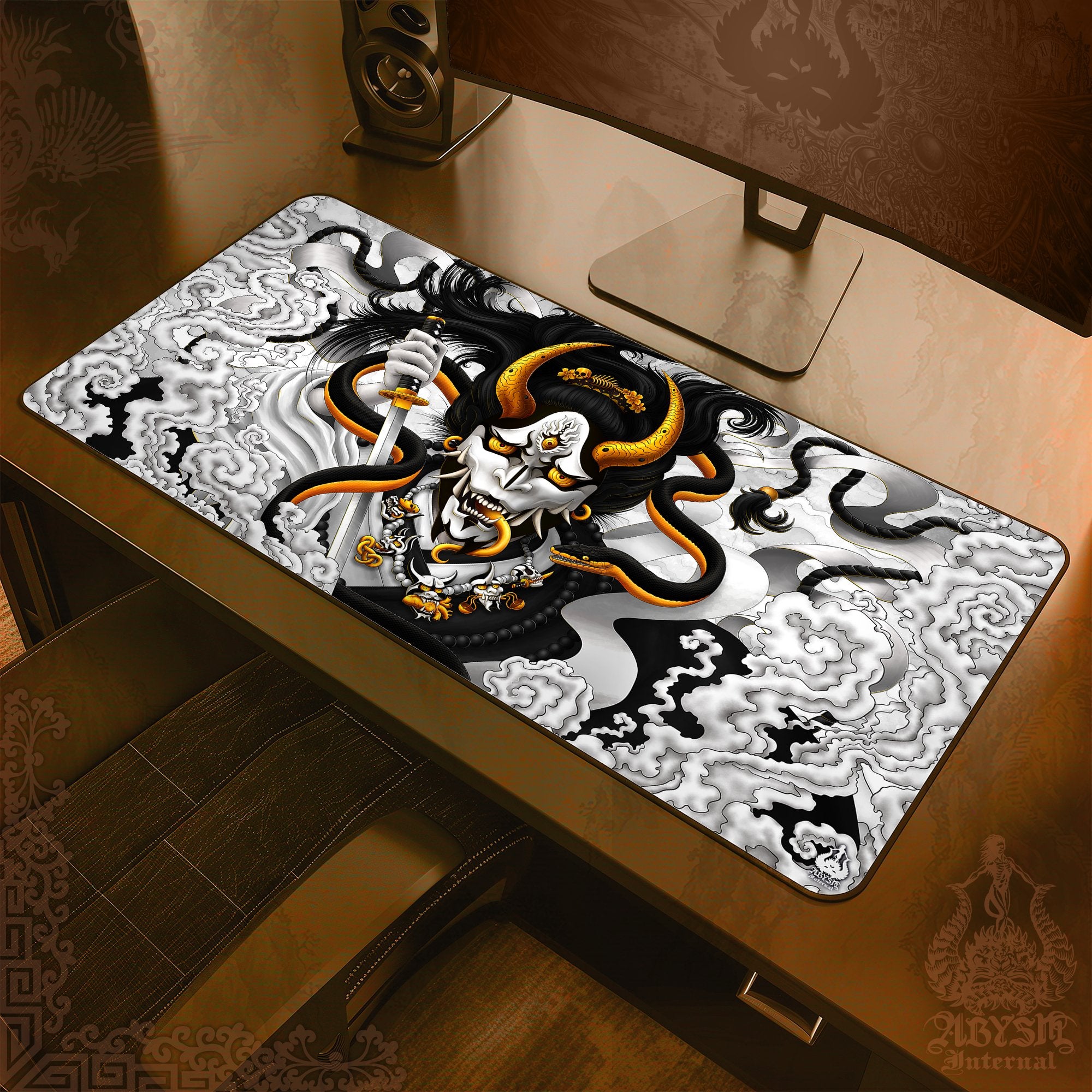 Hannya Gaming Mouse Pad, Youkai Desk Mat, Japanese Demon Table Protector Cover, Black and White Workpad, Fantasy Anime and Manga Art Print - Snake - Abysm Internal