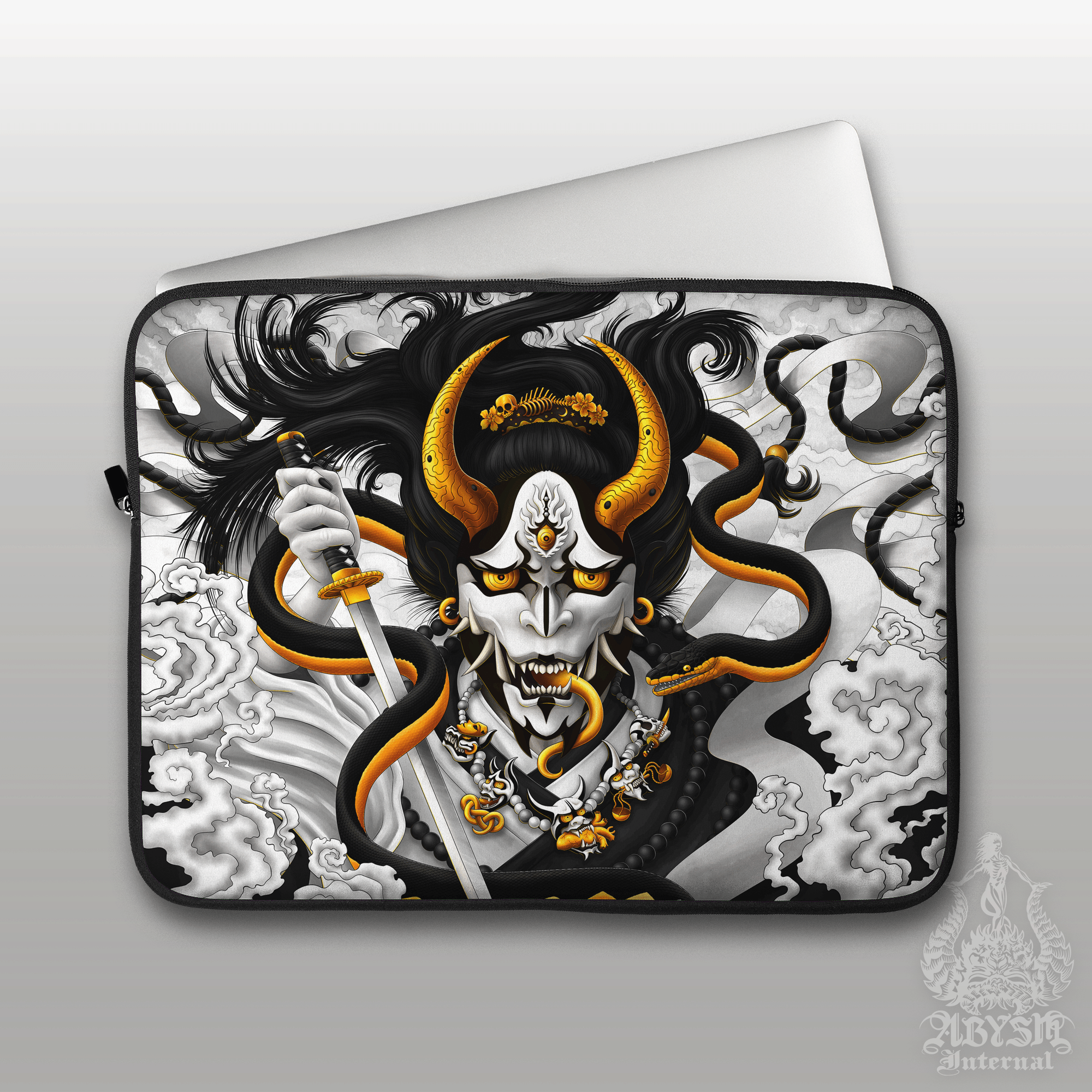 Hannya Laptop Case – Black and White Japanese Demon and Snake, 13" & 15", Dark Fantasy Art, Printed Padded Soft Sleeve - Abysm Internal