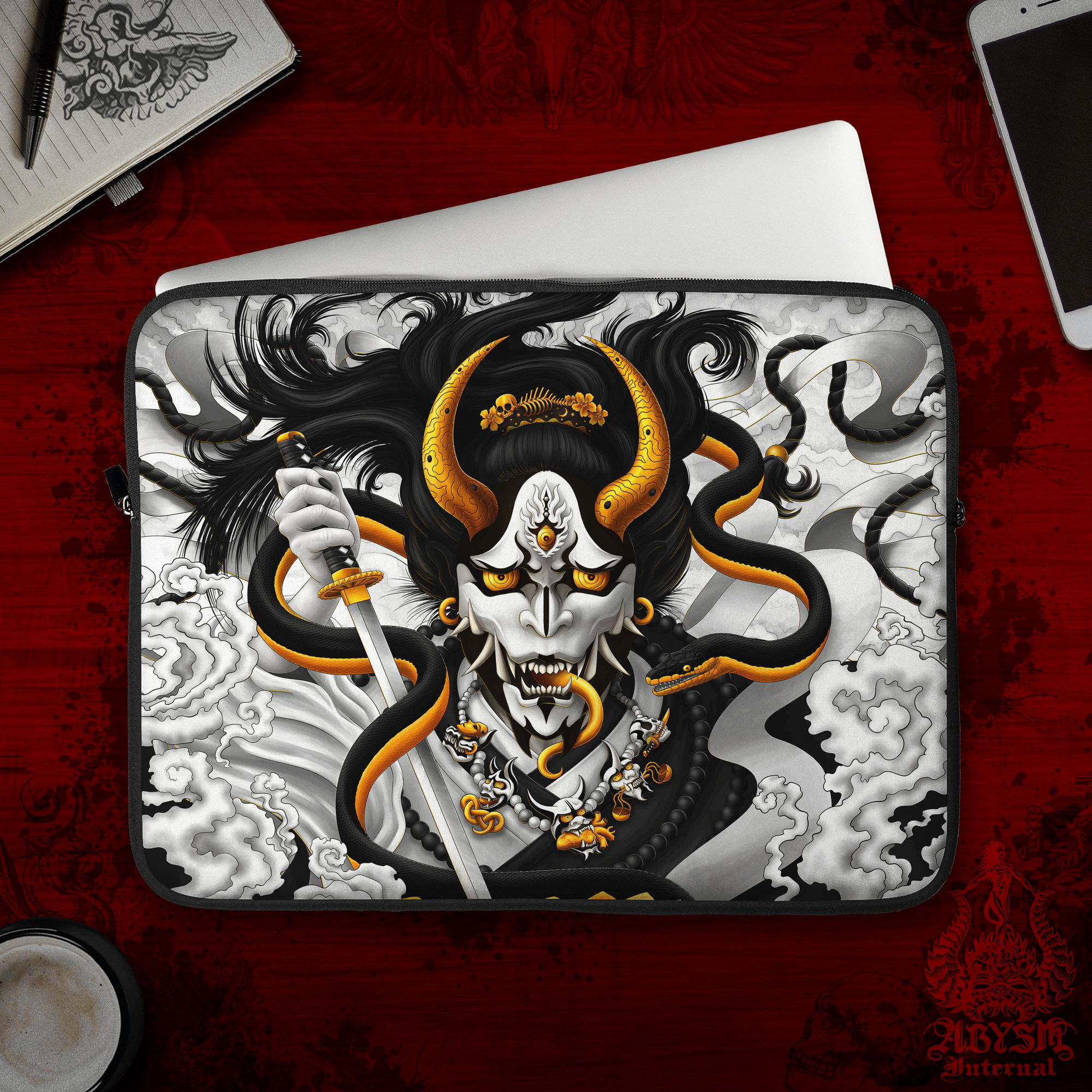 Hannya Laptop Case – Black and White Japanese Demon and Snake, 13" & 15", Dark Fantasy Art, Printed Padded Soft Sleeve - Abysm Internal