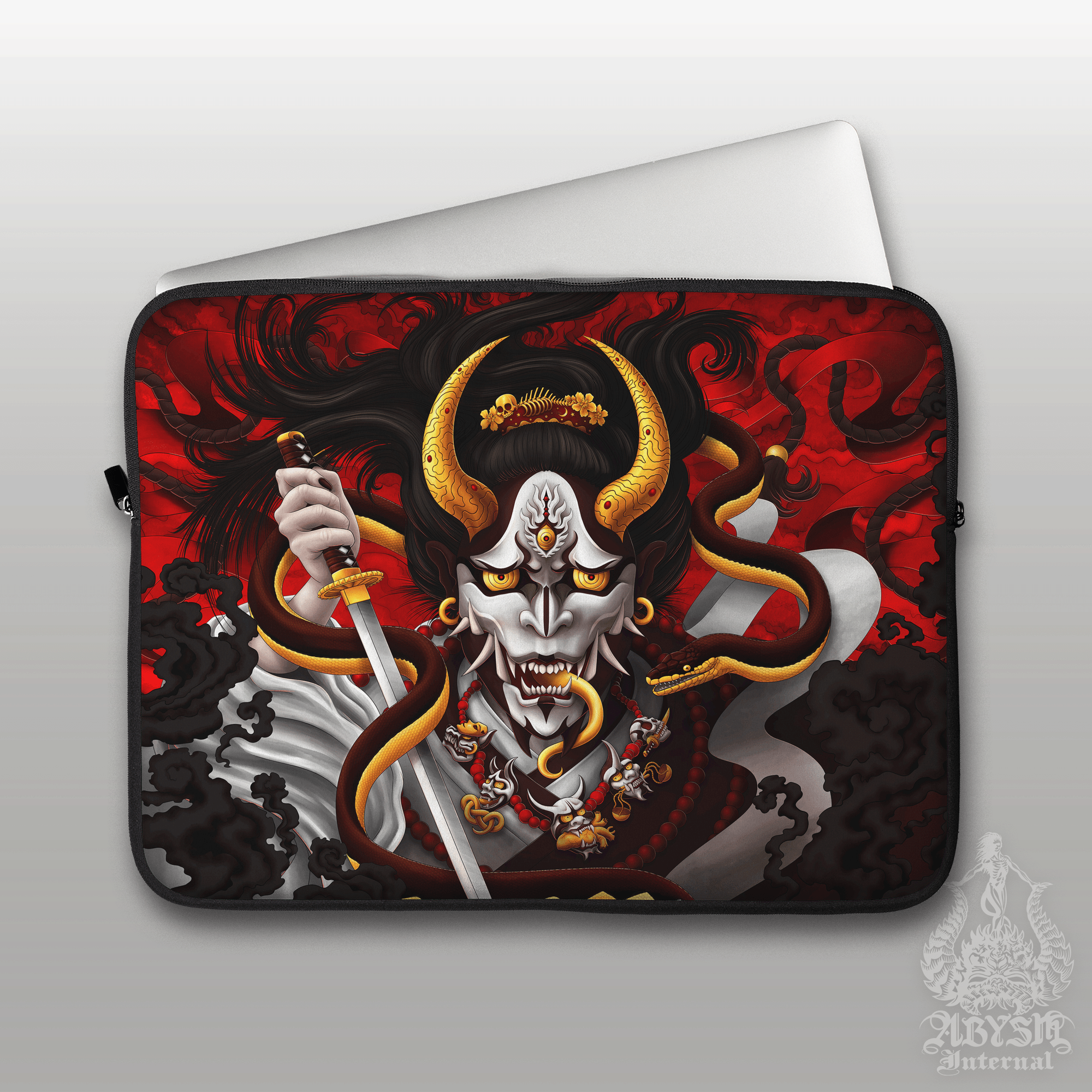 Hannya Laptop Case – Japanese Demon and Snake, Original, 13" & 15", Dark Fantasy Art, Printed Padded Soft Sleeve - Abysm Internal