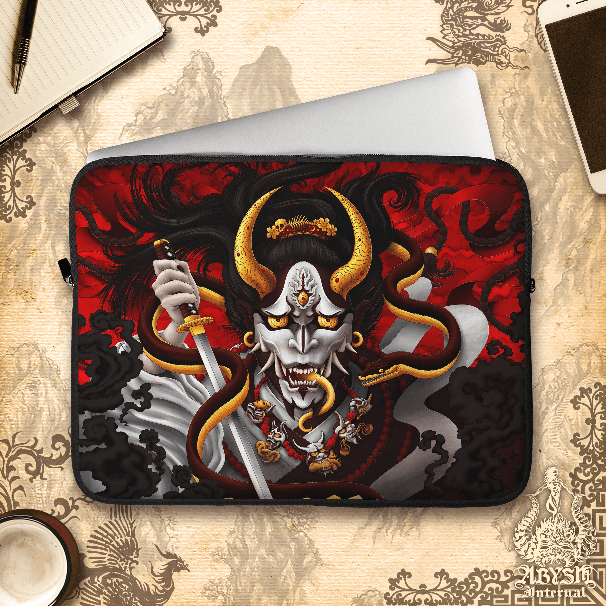Hannya Laptop Case – Japanese Demon and Snake, Original, 13" & 15", Dark Fantasy Art, Printed Padded Soft Sleeve - Abysm Internal